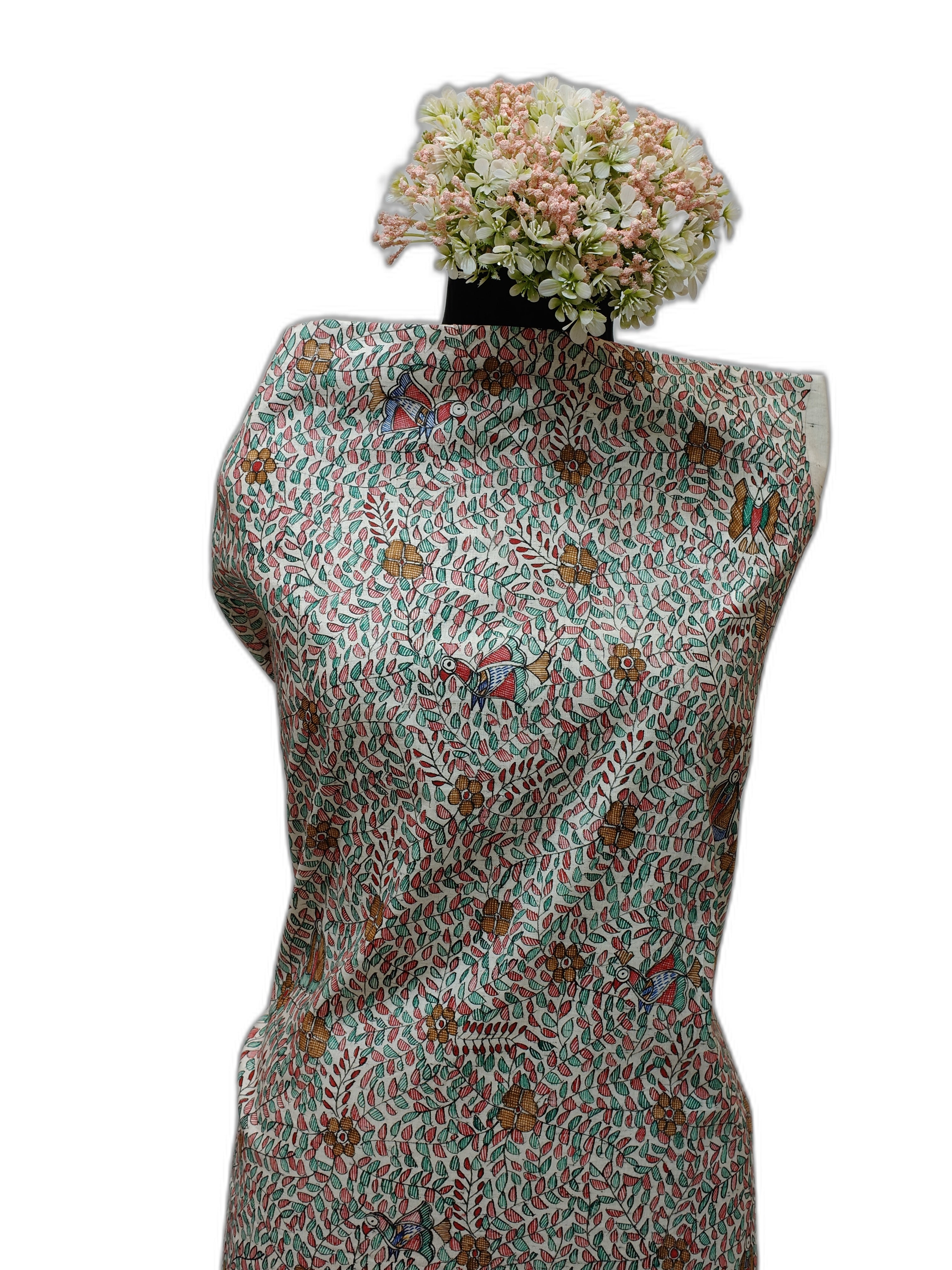 All-Over Hand-Painted Unstitched Madhubani Kurti on Cotton – Off-White
