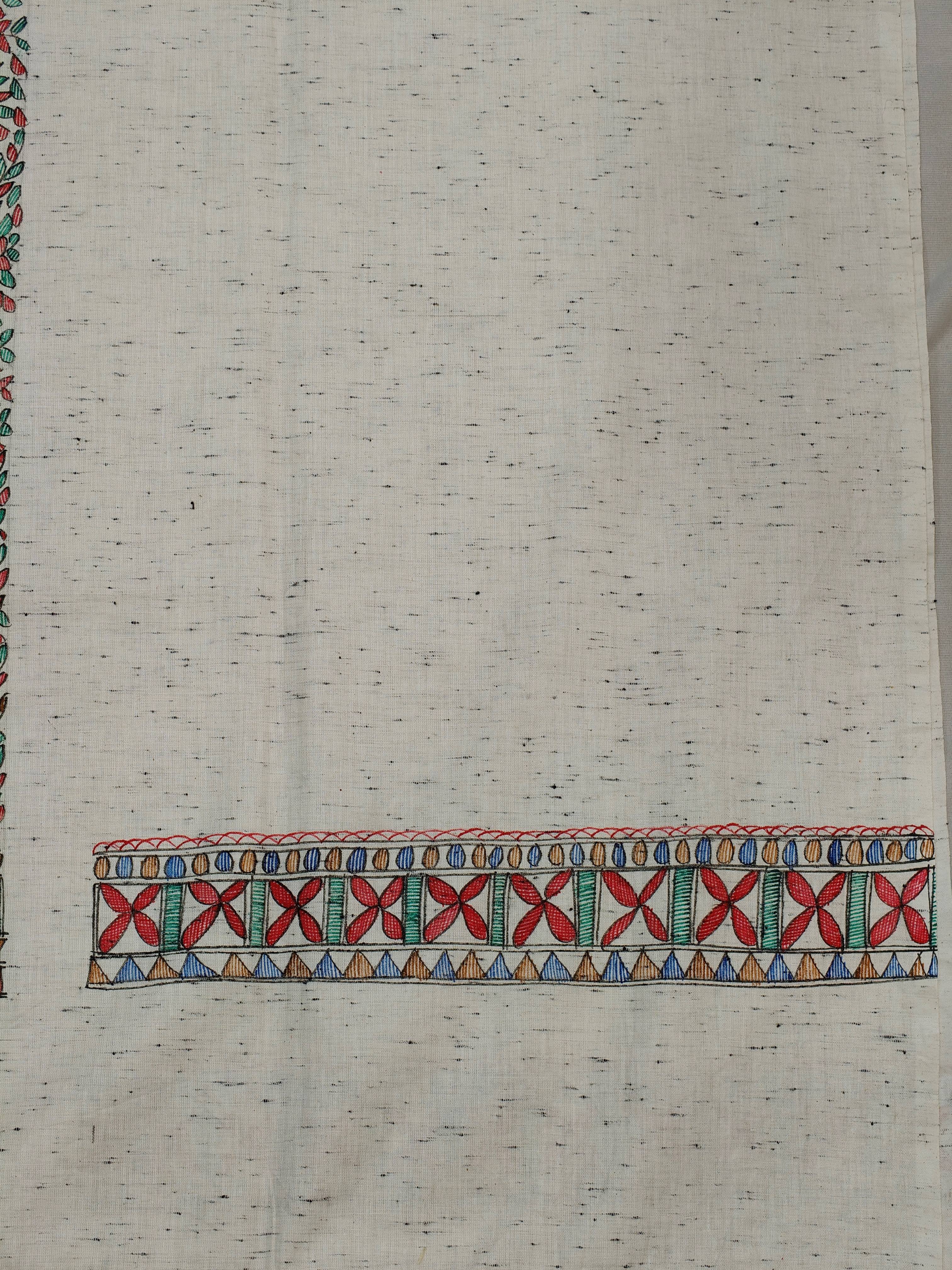 All-Over Hand-Painted Unstitched Madhubani Kurti on Cotton – Off-White