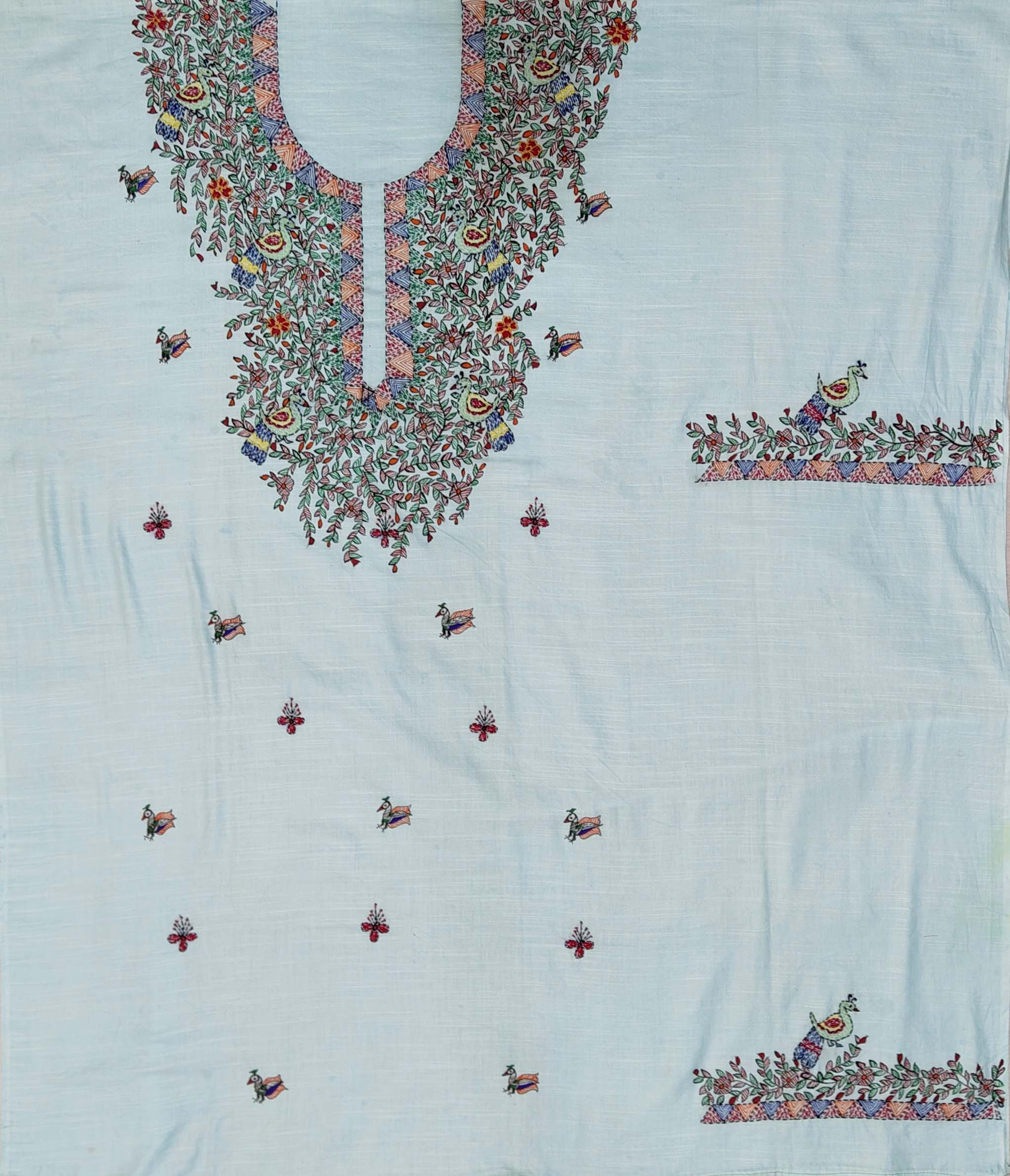 Hand painted Madhubani with Sujani Unstitched Suit Set on Cotton in Light Turquoise