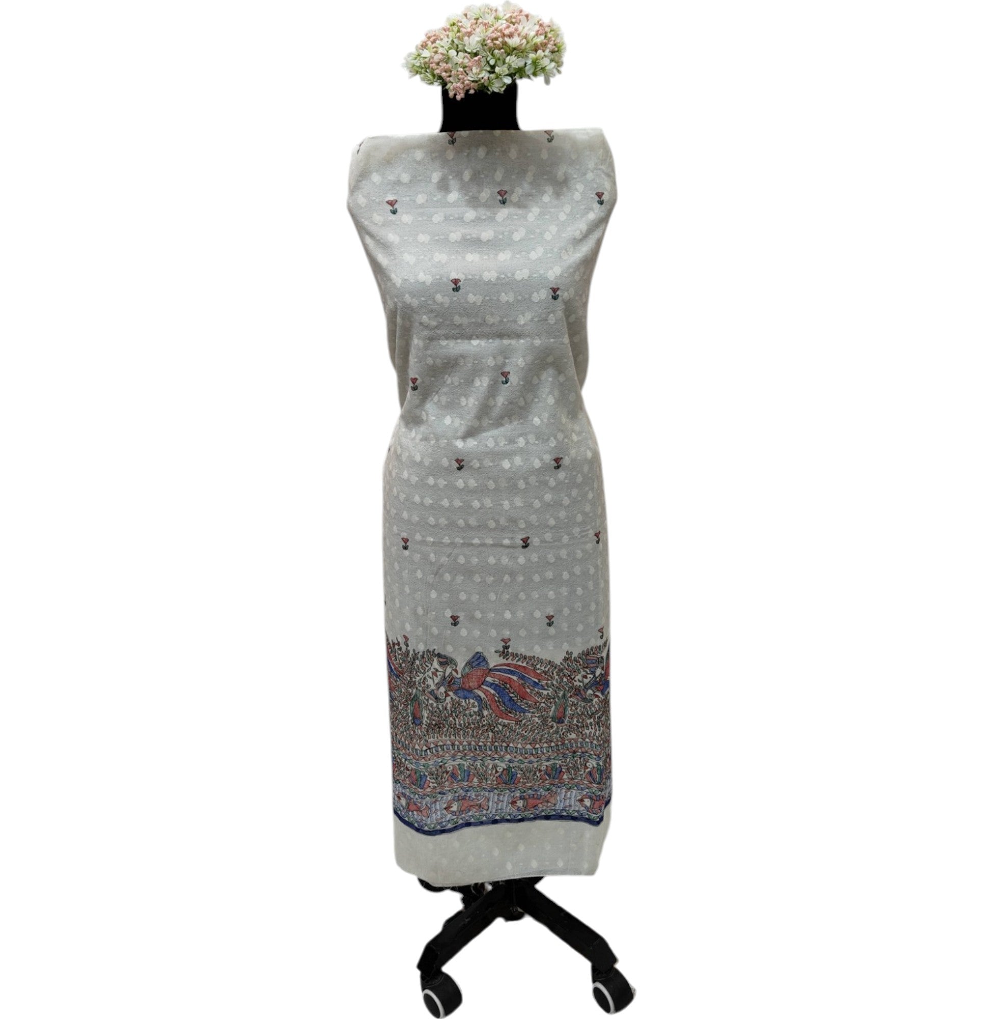 Hand-Painted Madhubani Unstitched Suit Set on Chanderi - Peacock