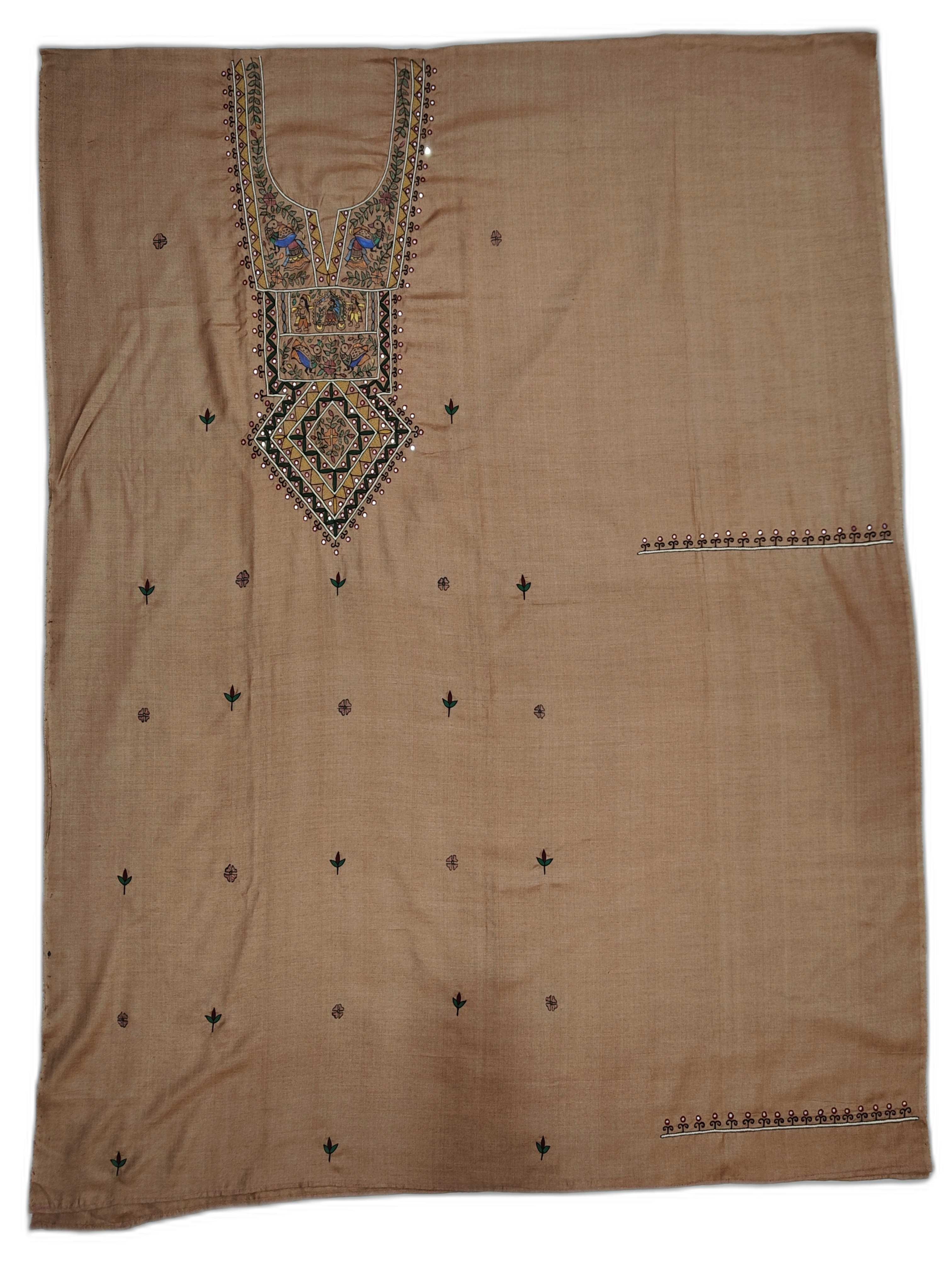 Hand-Painted &  Hand Embroidery (AARI WORK) Unstitched Suit Set on Handwoven Tussar Munga Silk