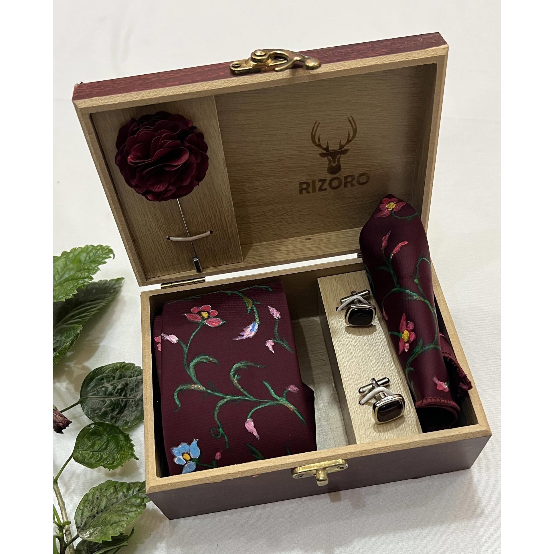 Handpainted Floral Silk Tie Set – Maroon