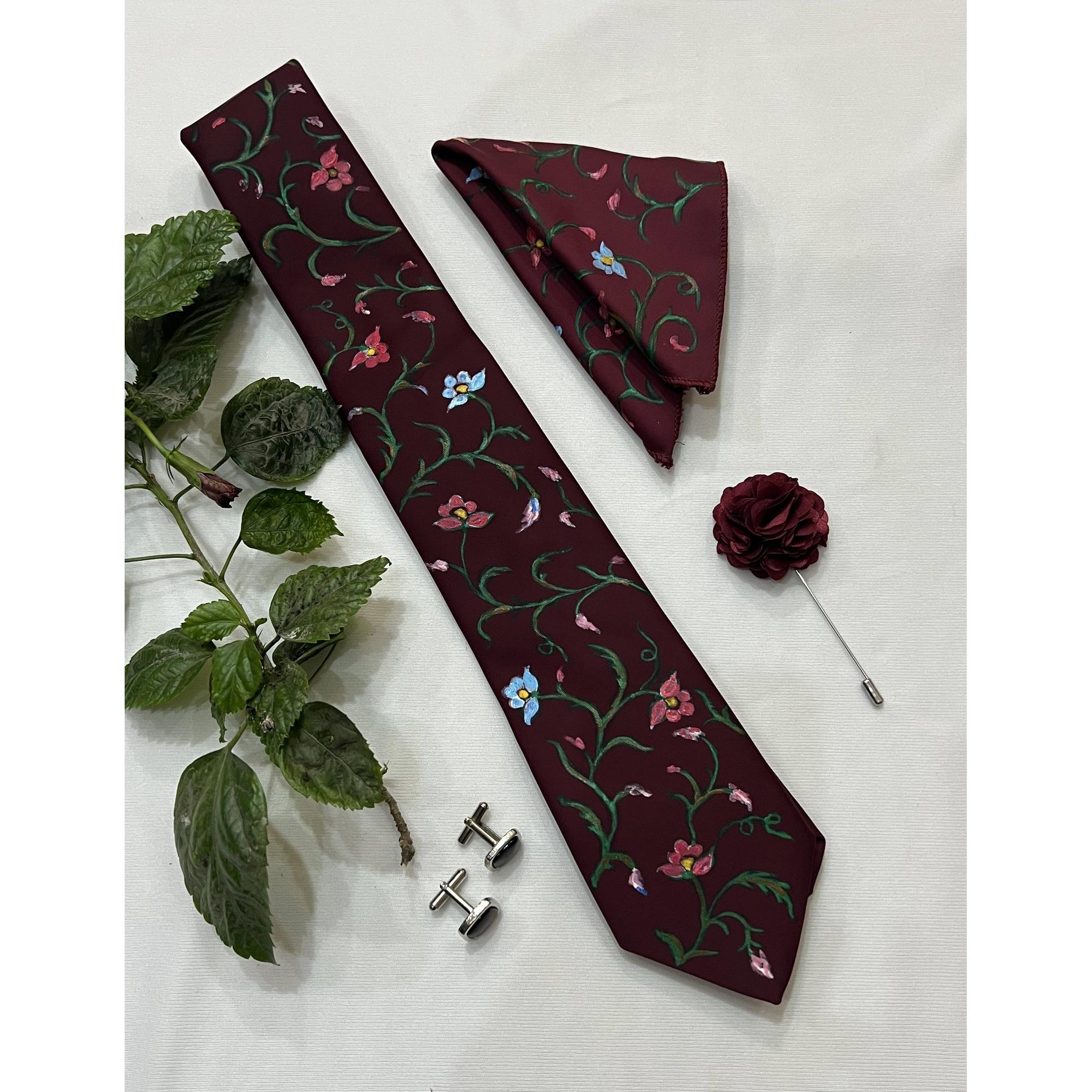 Handpainted Floral Silk Tie Set – Maroon