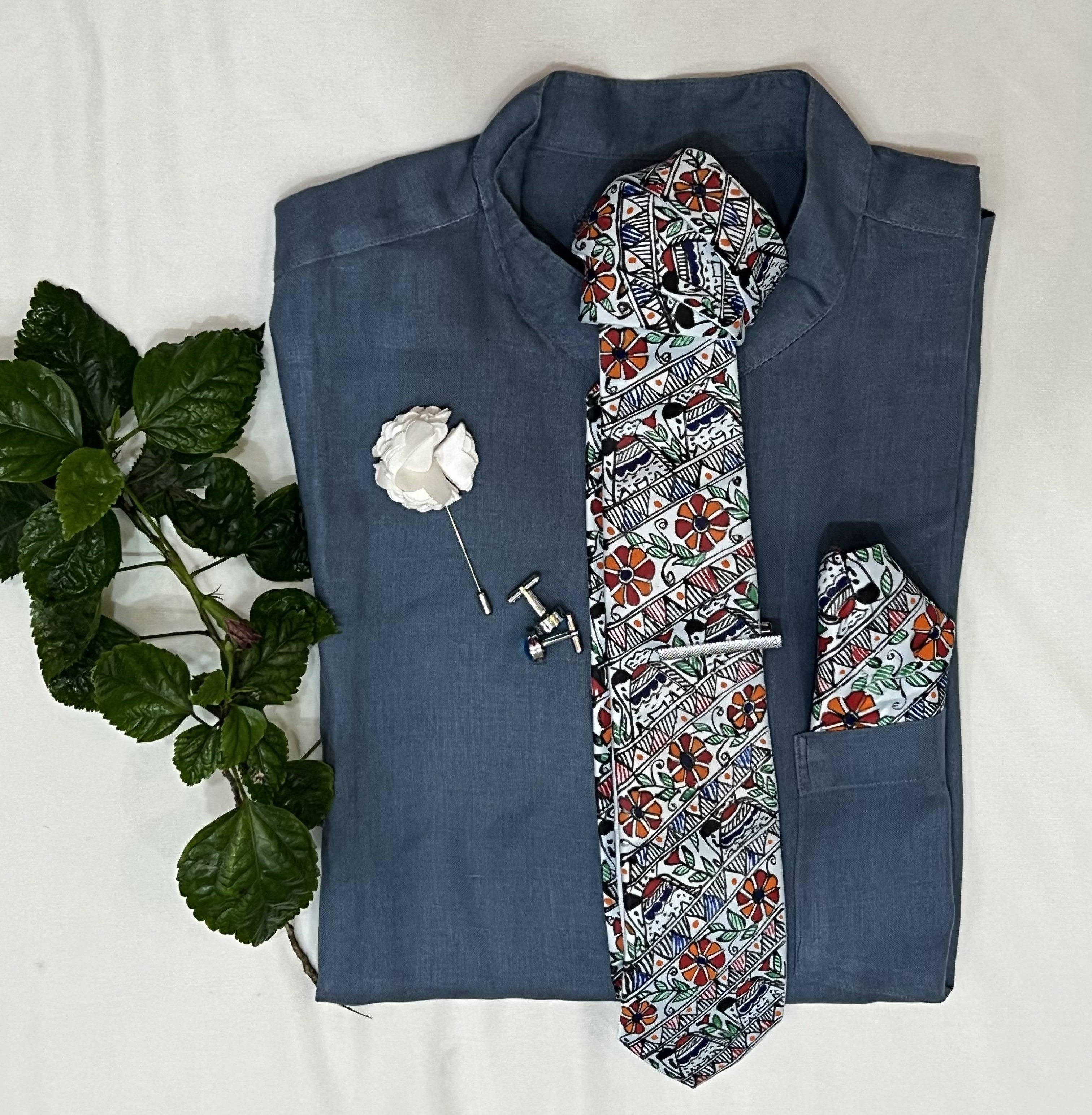 Handpainted Madhubani Silk Tie Set – Light Blue with Elephant & Floral Motifs