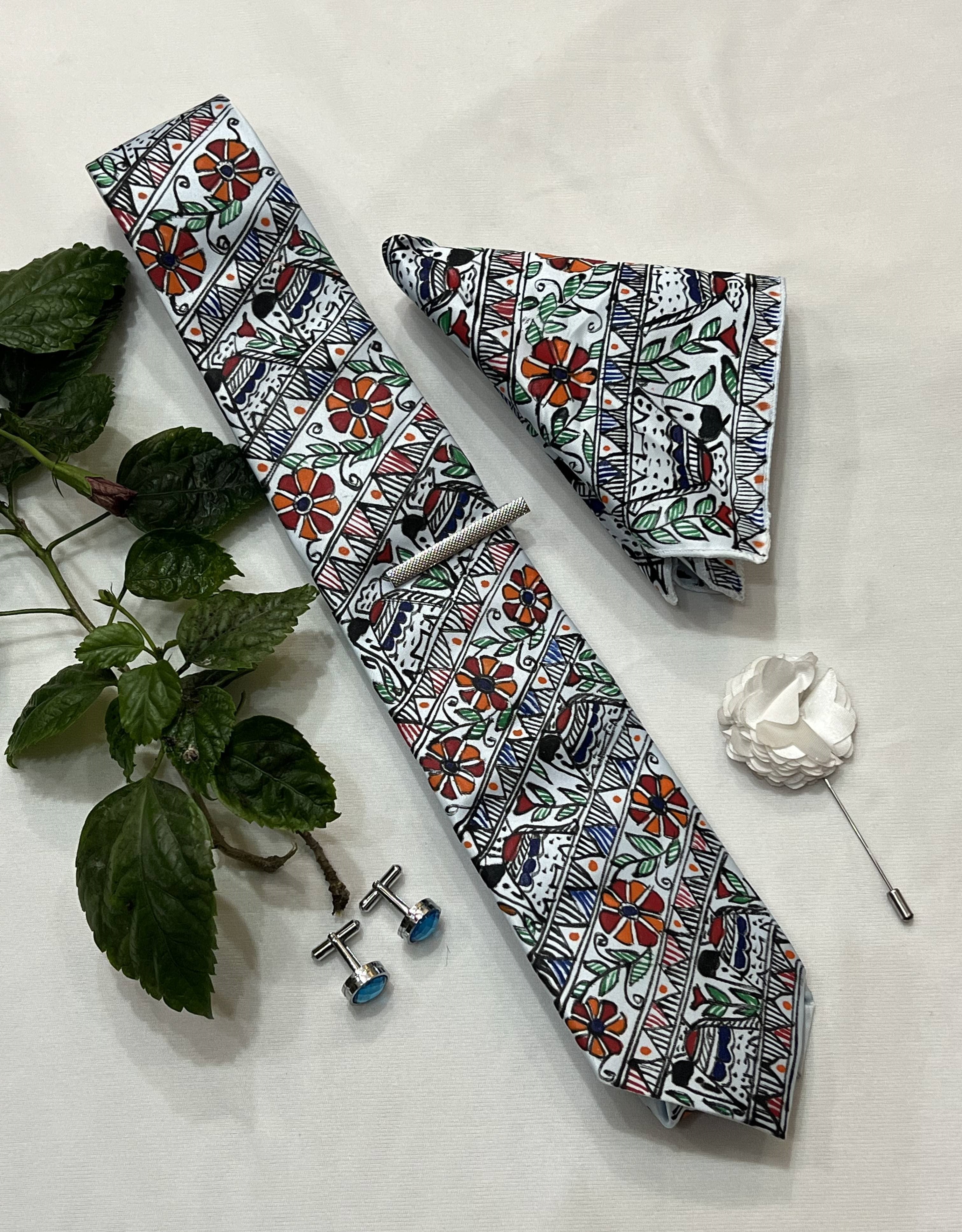 Handpainted Madhubani Silk Tie Set – Light Blue with Elephant & Floral Motifs