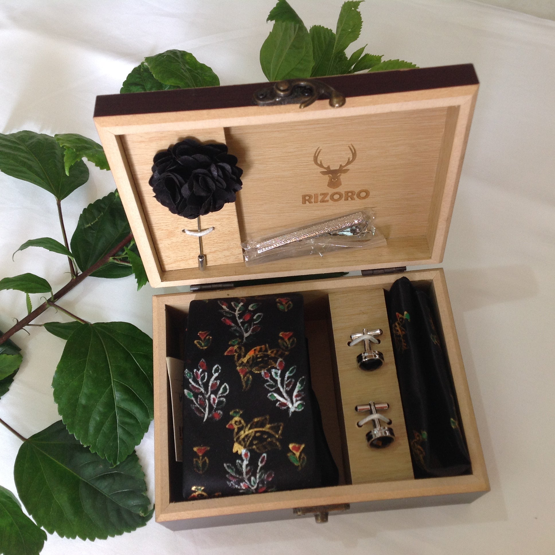 Handpainted Madhubani Silk Tie Set – Black with Peacock & Floral Motifs