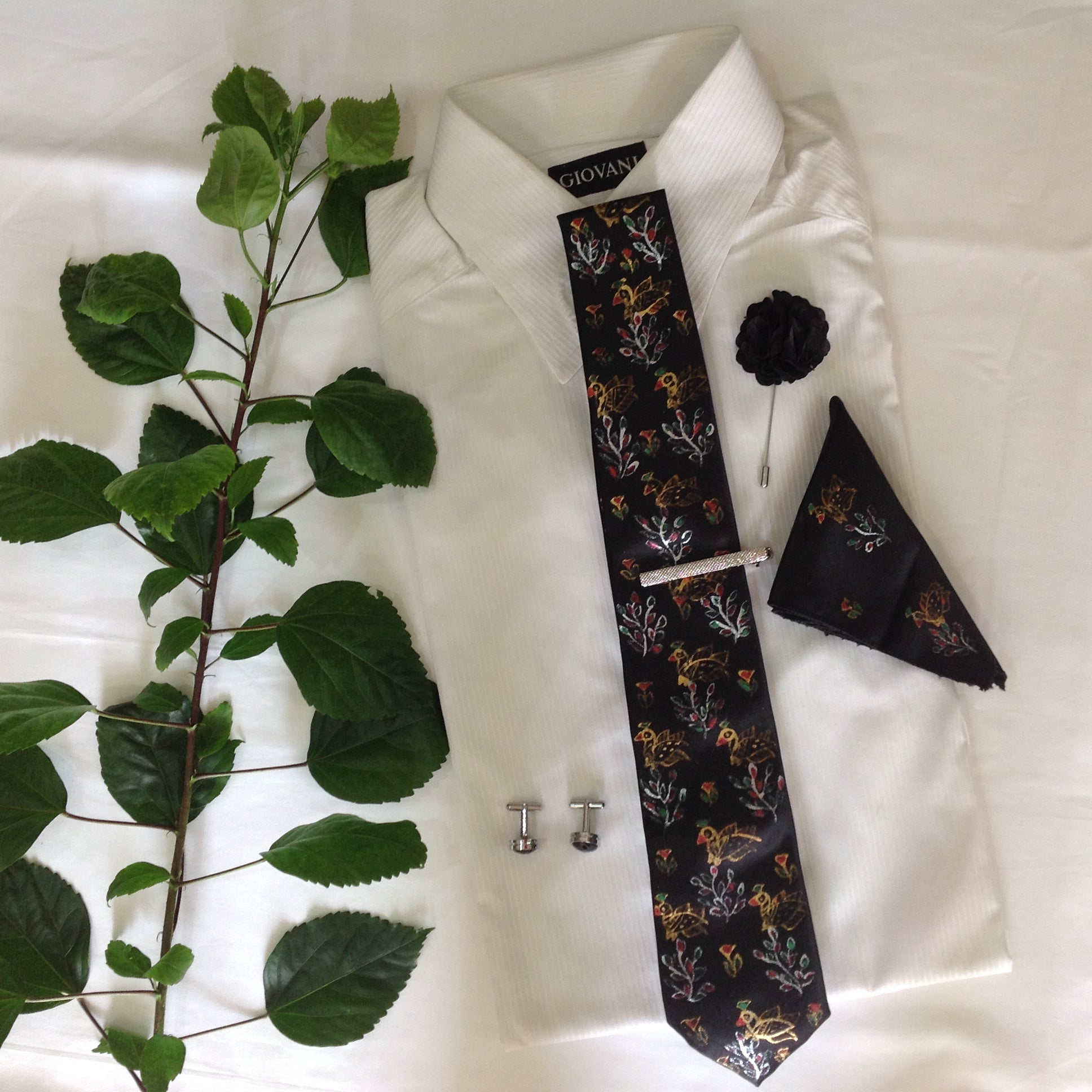 Handpainted Madhubani Silk Tie Set – Black with Peacock & Floral Motifs