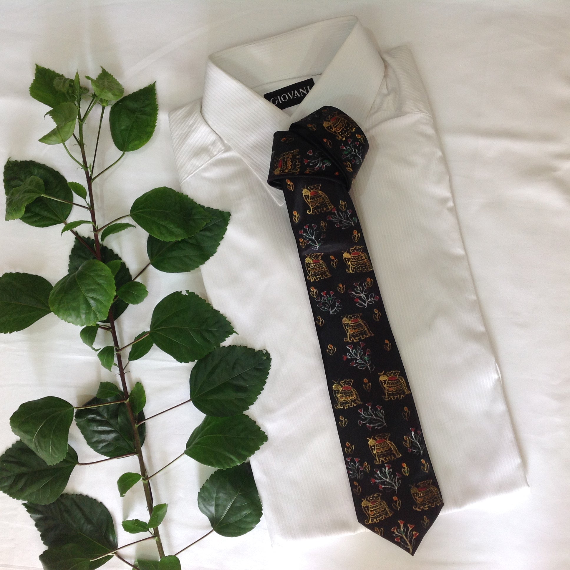 Handpainted Madhubani Silk Tie – Black with Elephant & Floral Motifs