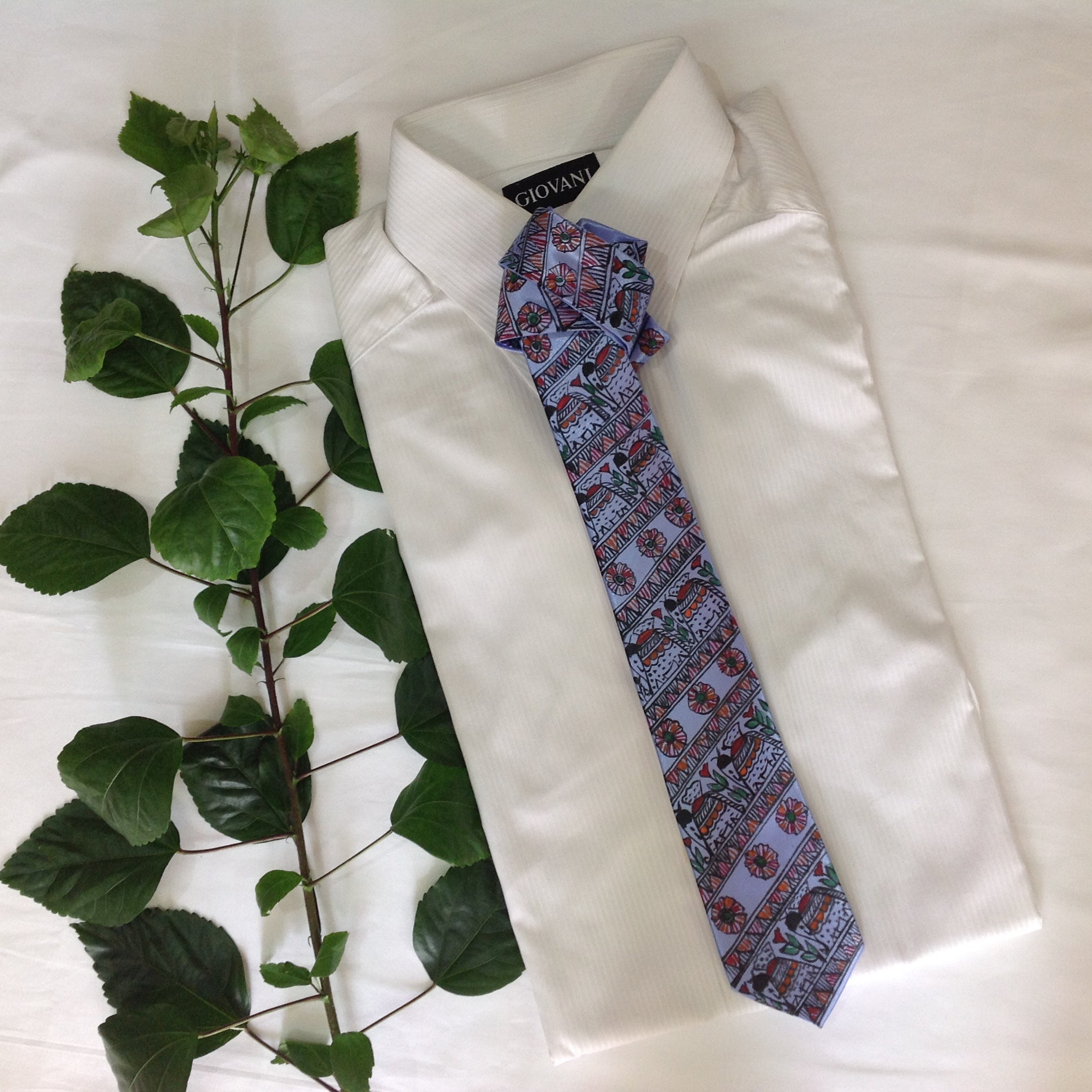 Handpainted Madhubani Silk Tie – Light Blue with Elephant & Floral Motifs