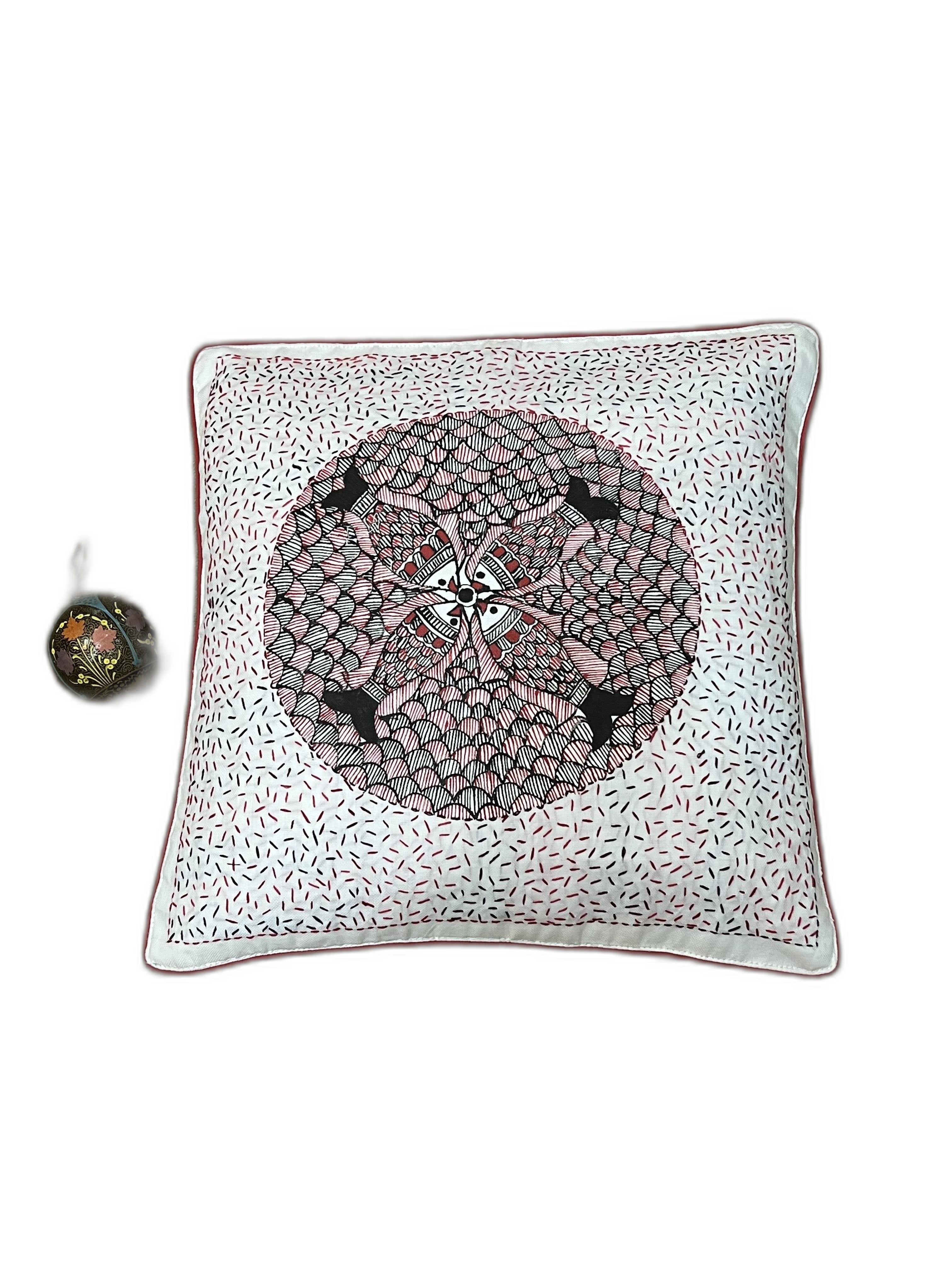 HAND-PAINTED MADHUBANI CUSHION COVER WITH SUJANI WORK