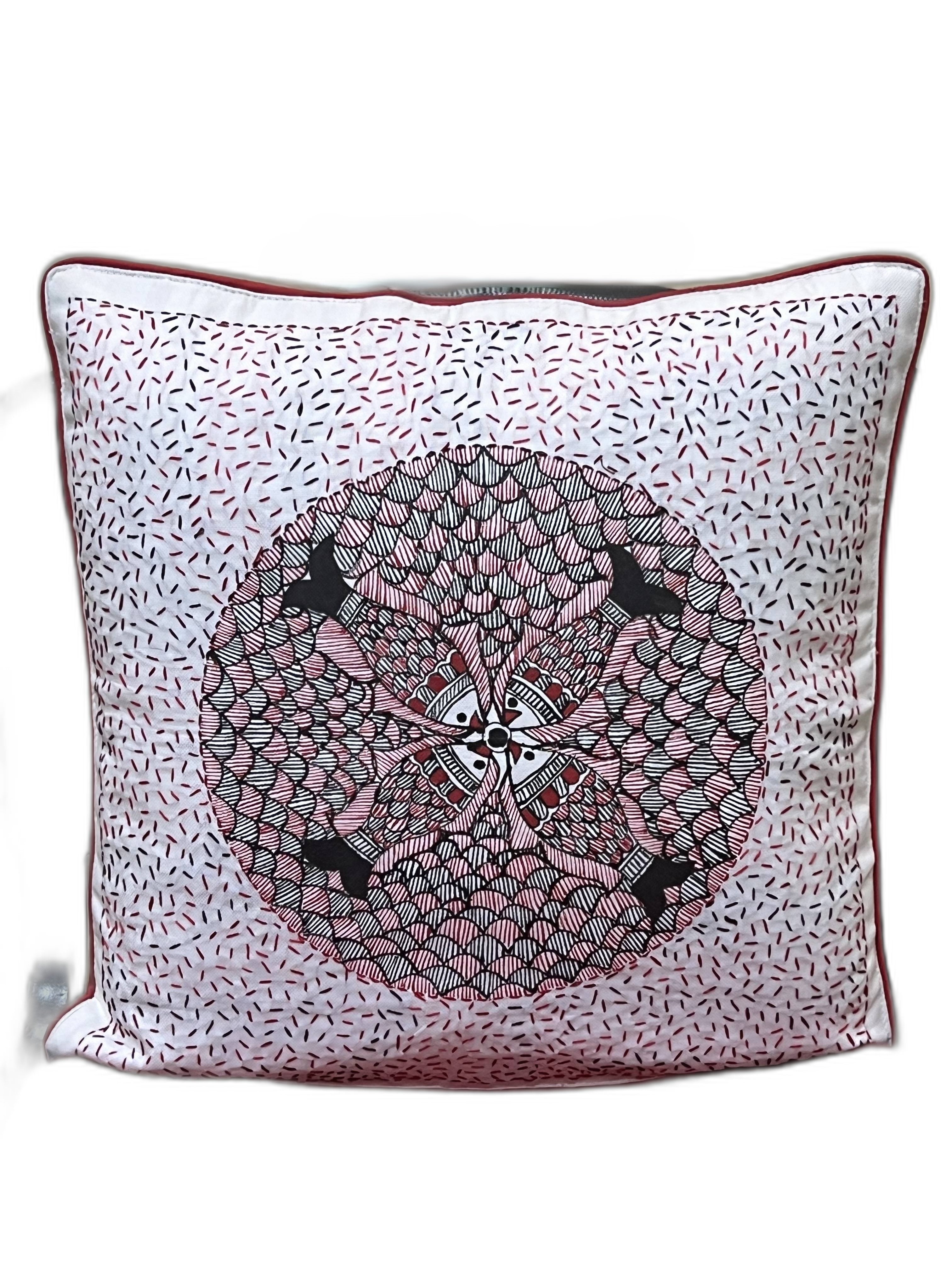 HAND-PAINTED MADHUBANI CUSHION COVER WITH SUJANI WORK