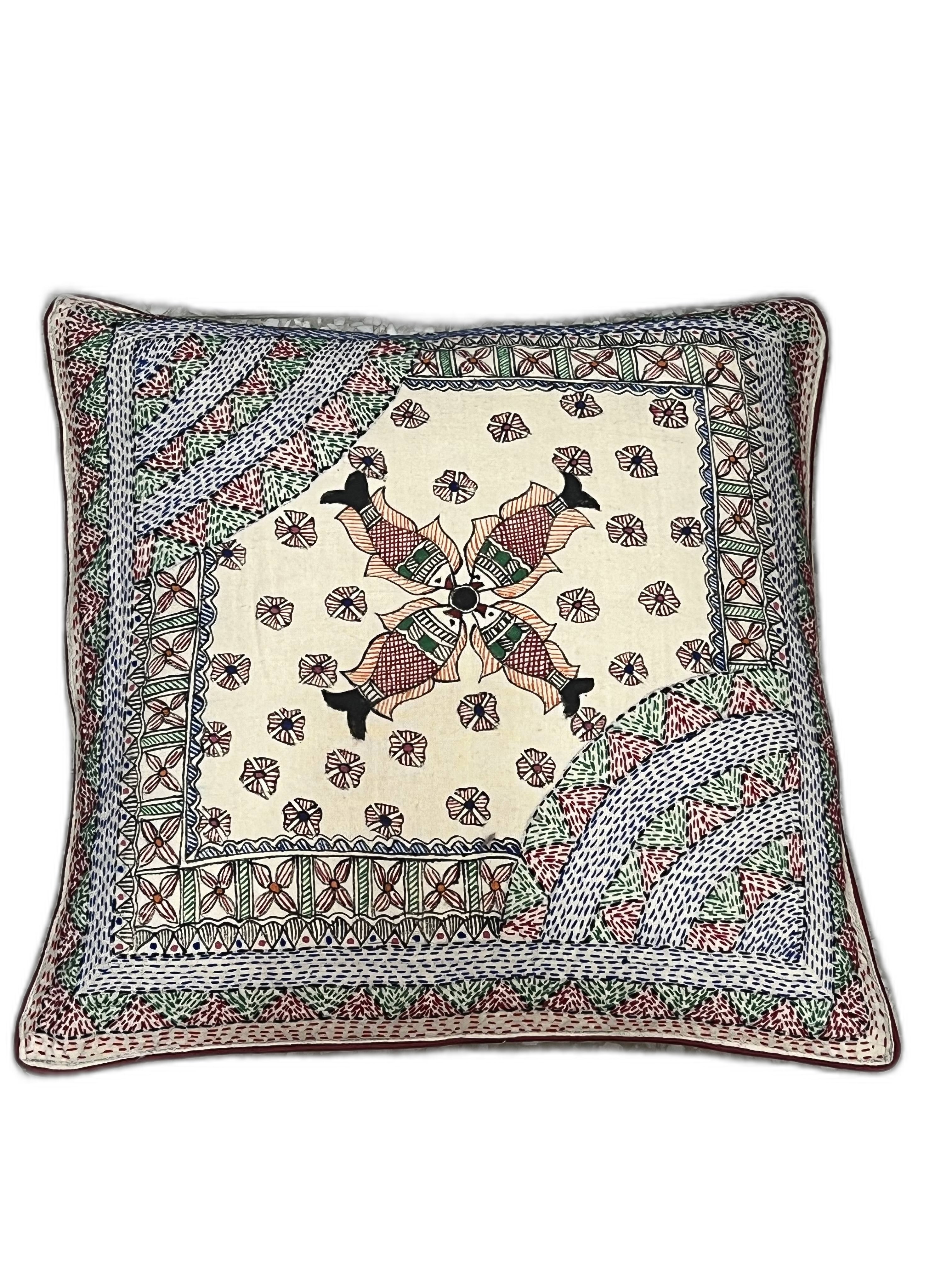 MADHUBANI AND SUJANI FISH HAND-CRAFTED CUSHION COVER