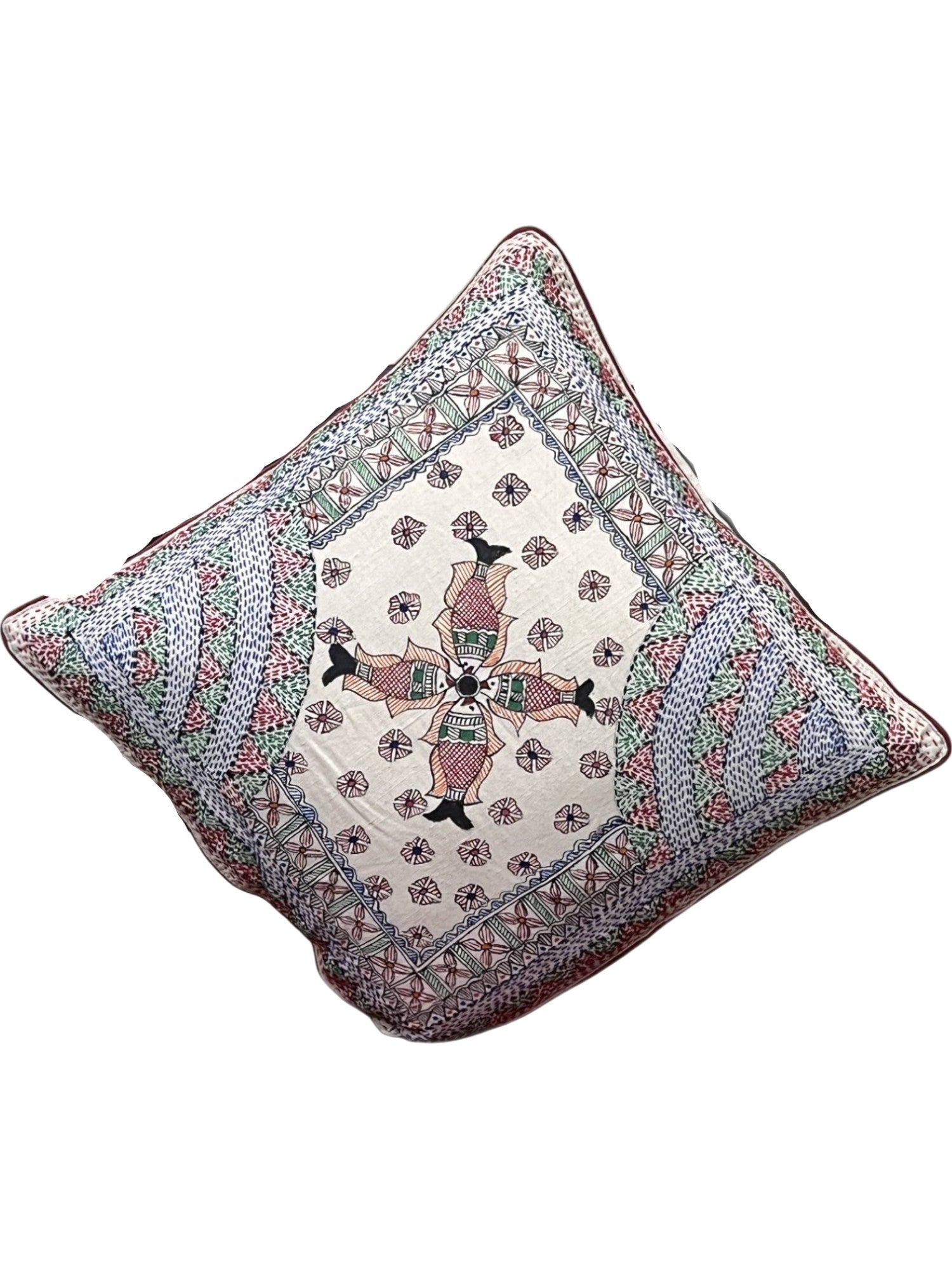 MADHUBANI AND SUJANI FISH HAND-CRAFTED CUSHION COVER