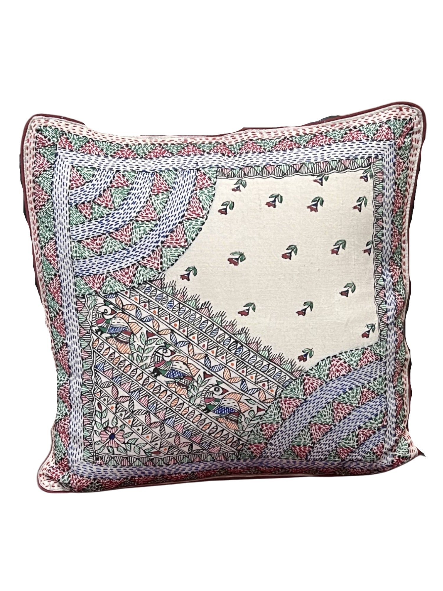 MADHUBANI AND SUJANI FLORA & FAUNA HAND-CRAFTED CUSHION COVER