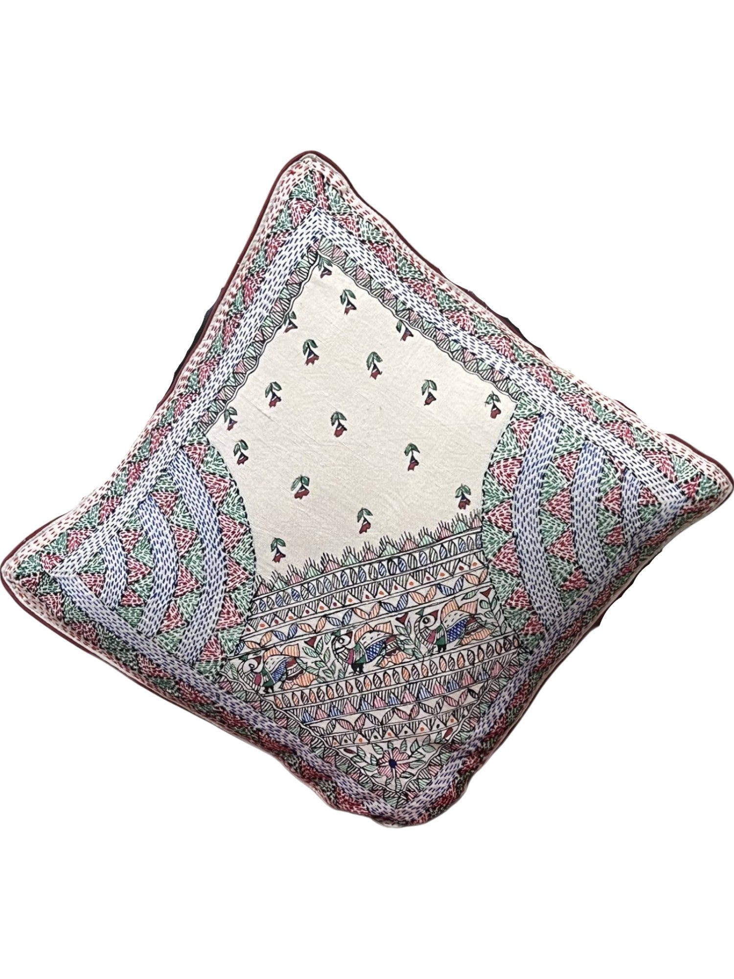 MADHUBANI AND SUJANI FLORA & FAUNA HAND-CRAFTED CUSHION COVER