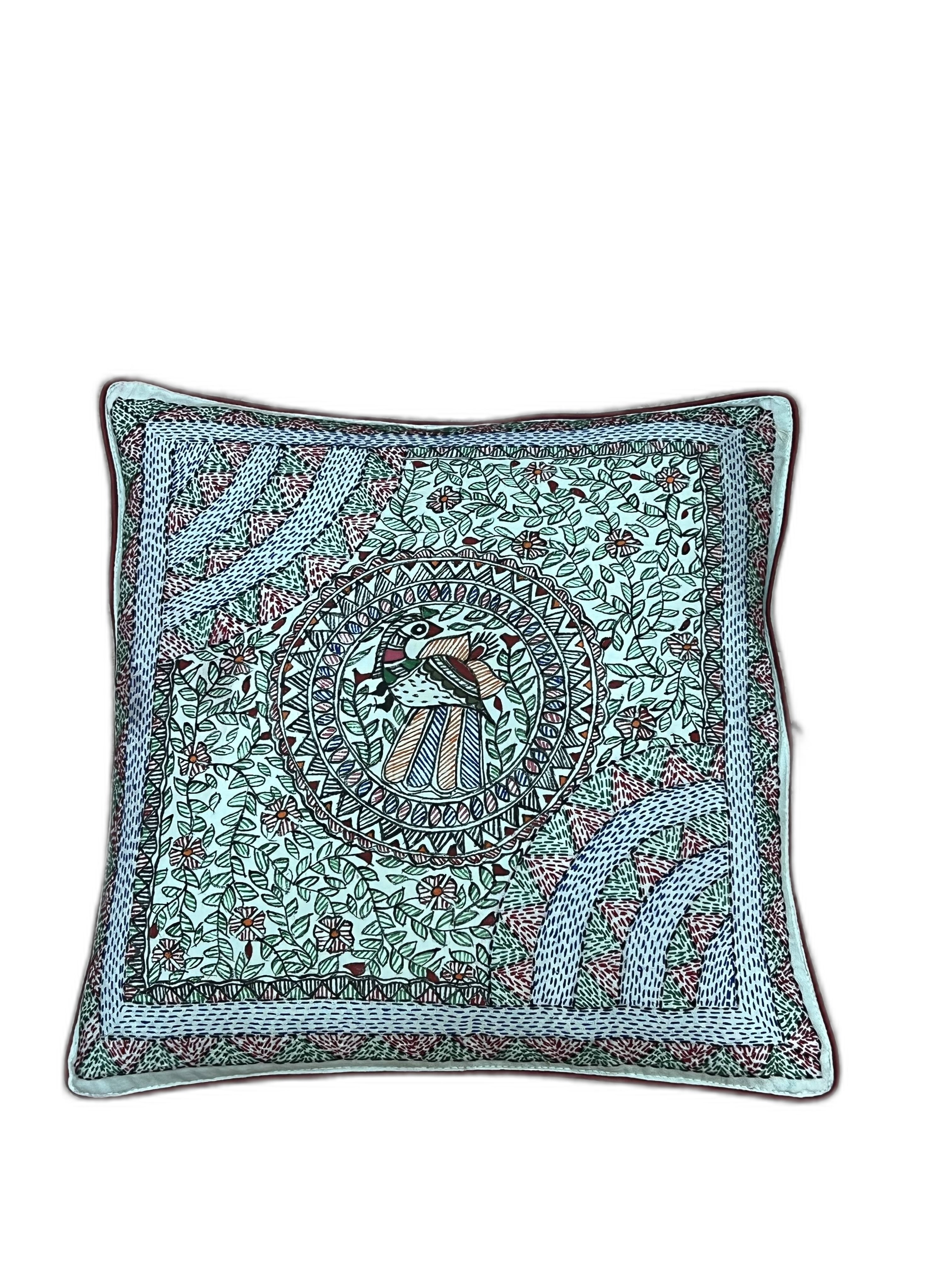 MADHUBANI AND SUJANI HAND-CRAFTED CUSHION COVER- PEACOCK MOTIF