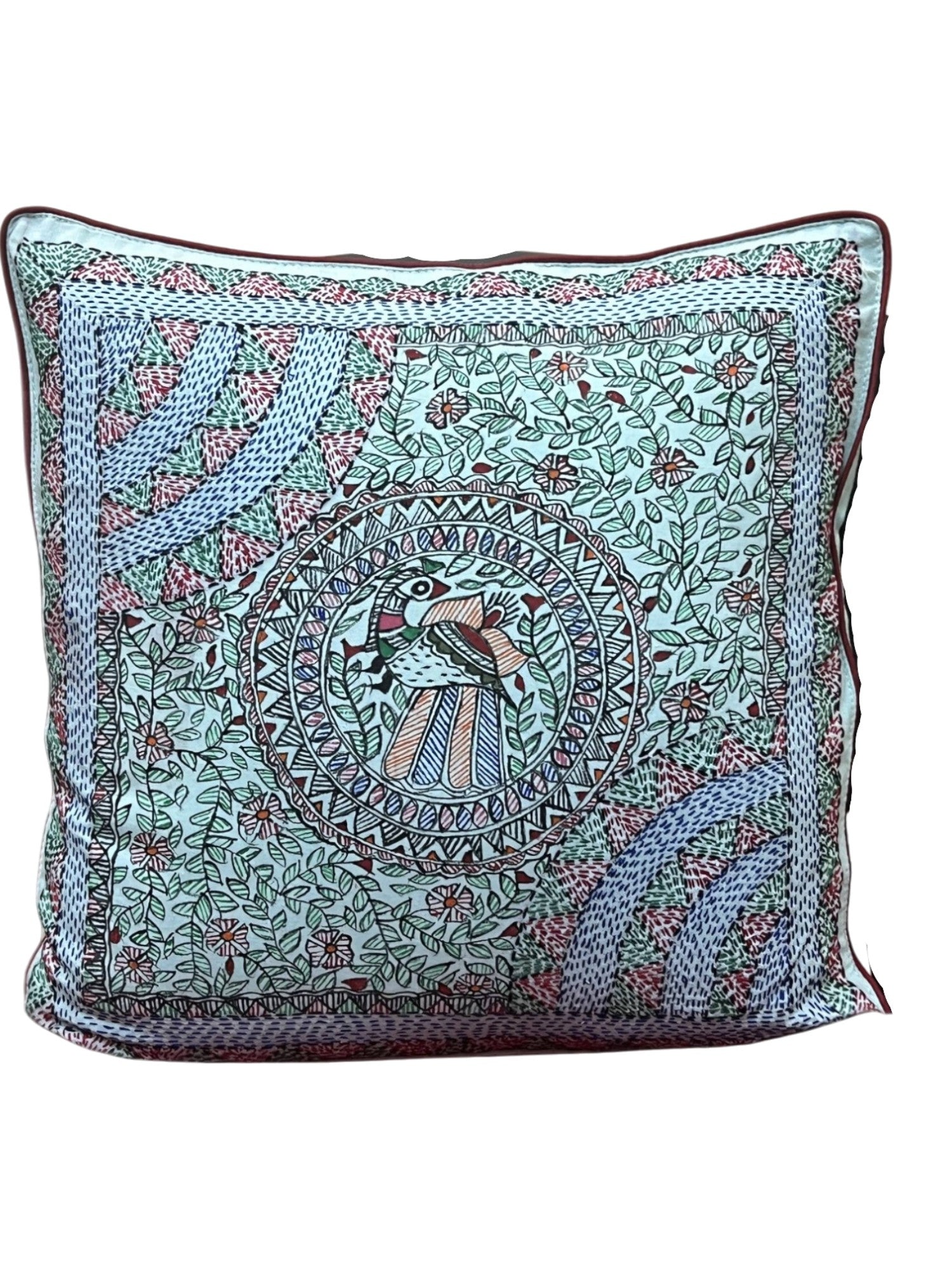 MADHUBANI AND SUJANI HAND-CRAFTED CUSHION COVER- PEACOCK MOTIF
