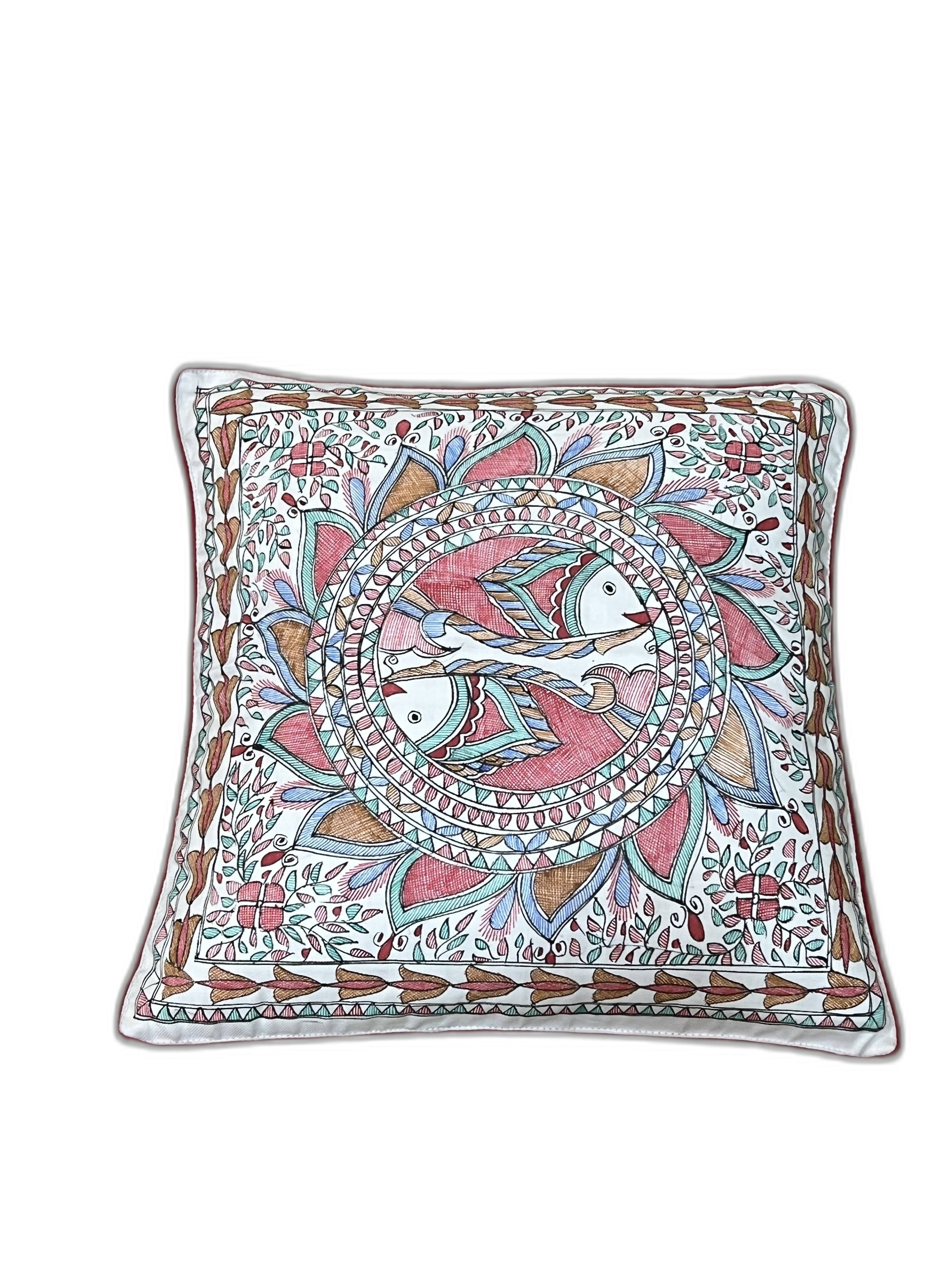 HAND-PAINTED MADHUBANI TWIN FISH CUSHION COVER