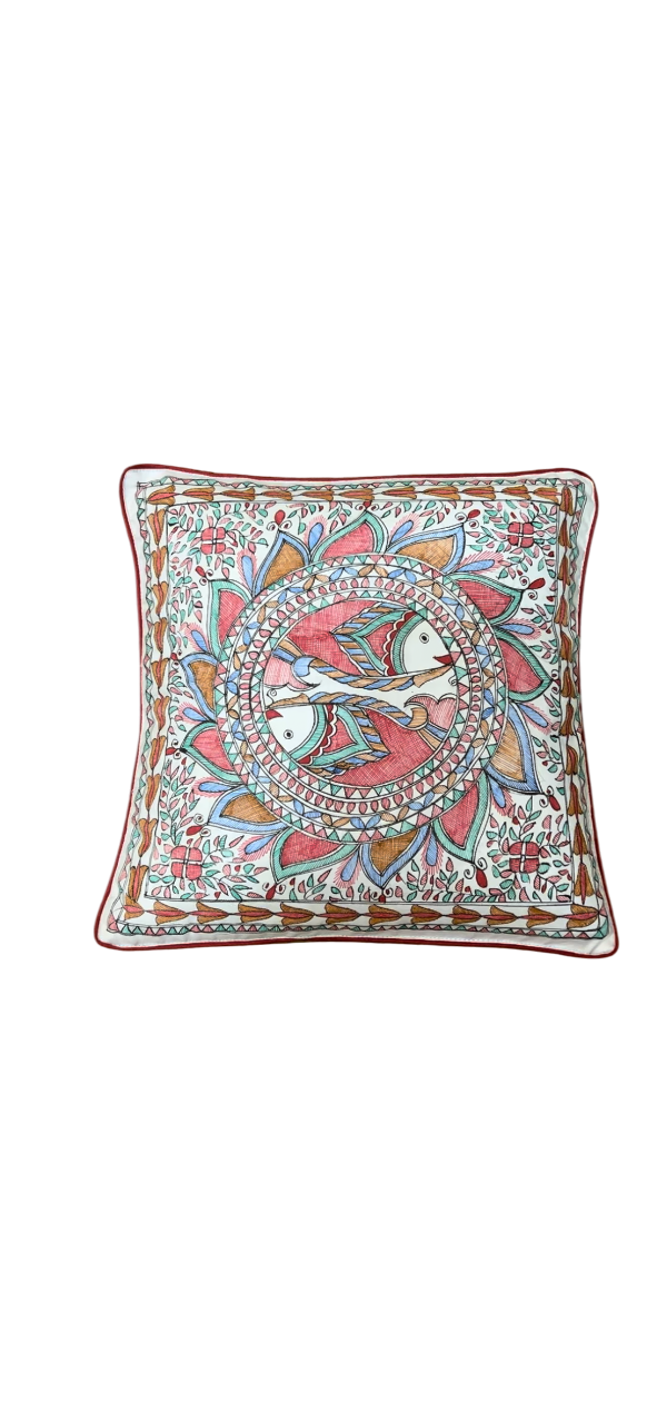 HAND-PAINTED MADHUBANI TWIN FISH CUSHION COVER