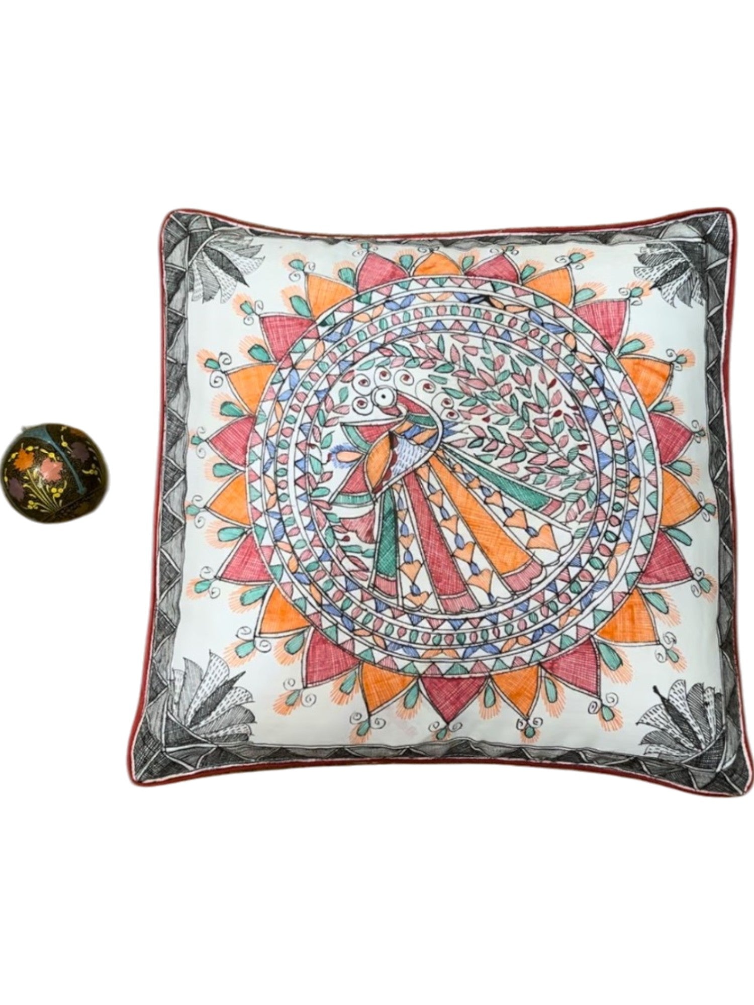 HAND-PAINTED MADHUBANI PEACOCK CUSHION COVER