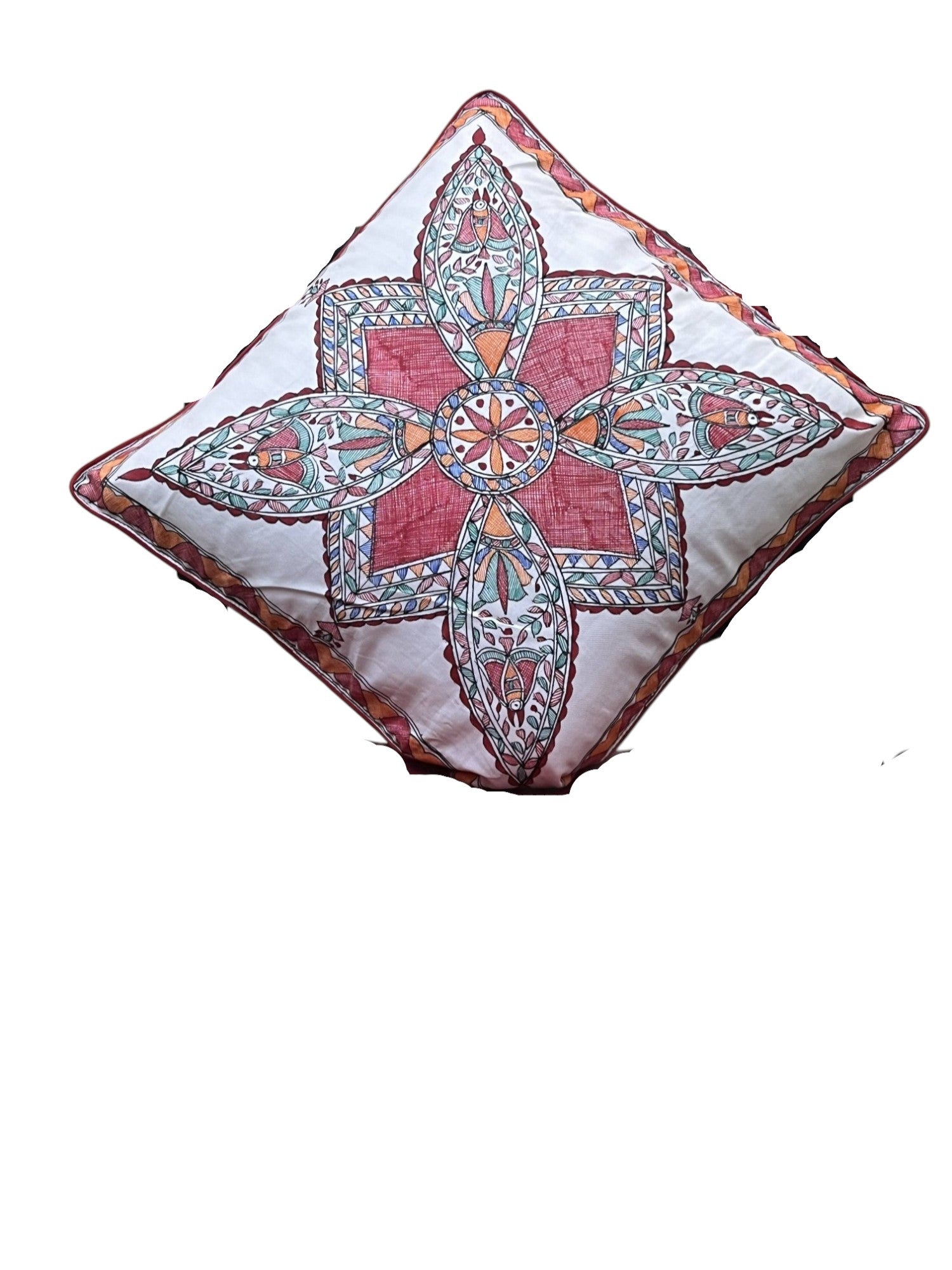 HAND-PAINTED MADHUBANI GEOMETRIC CUSHION COVER