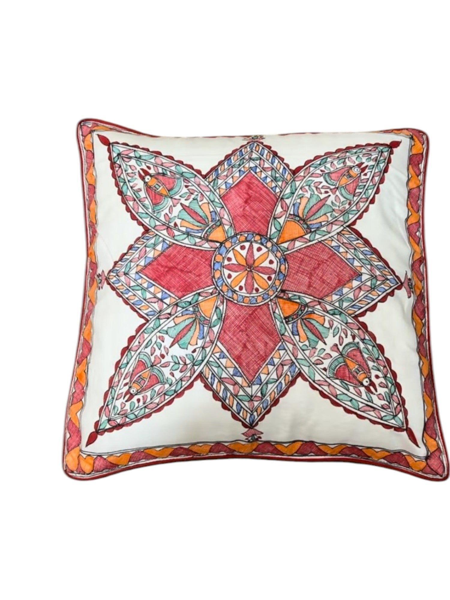 HAND-PAINTED MADHUBANI GEOMETRIC CUSHION COVER