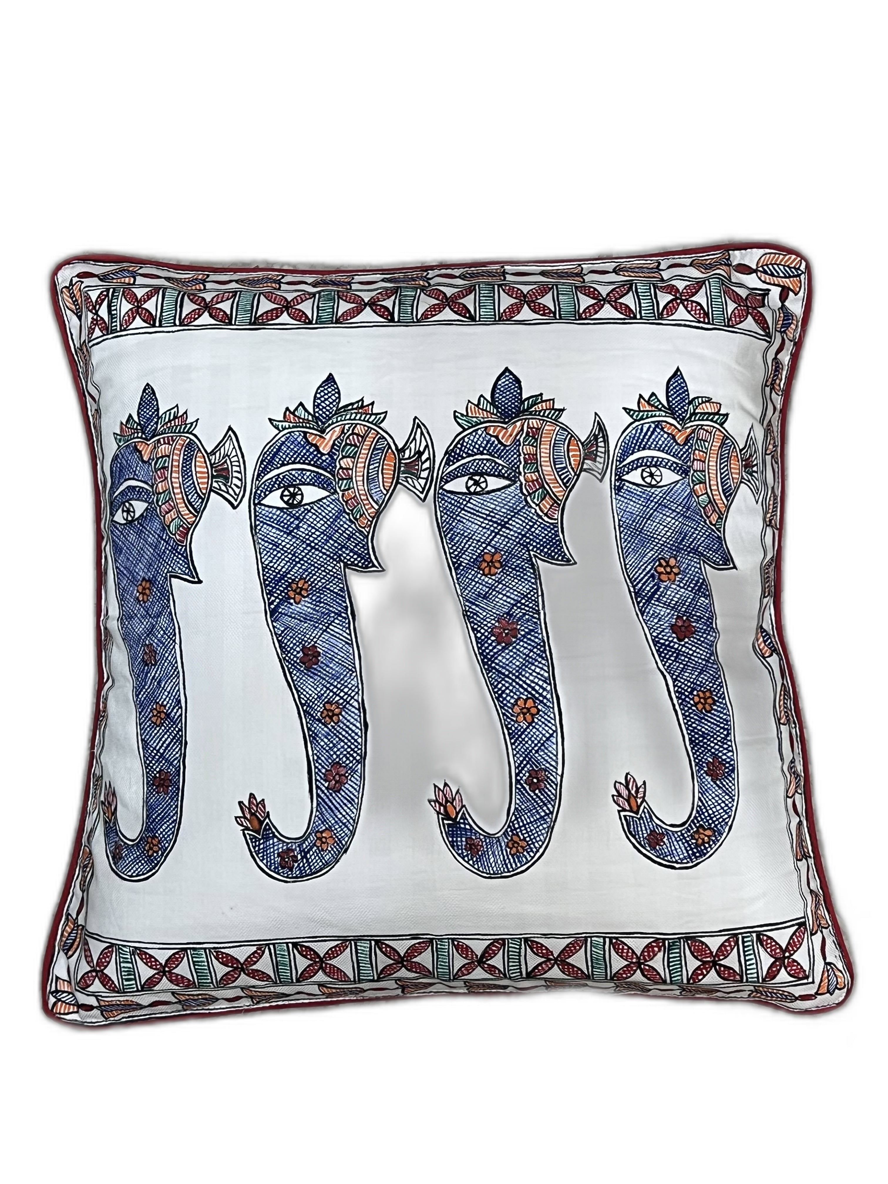HAND-PAINTED MADHUBANI ELEPHANT CUSHION COVER