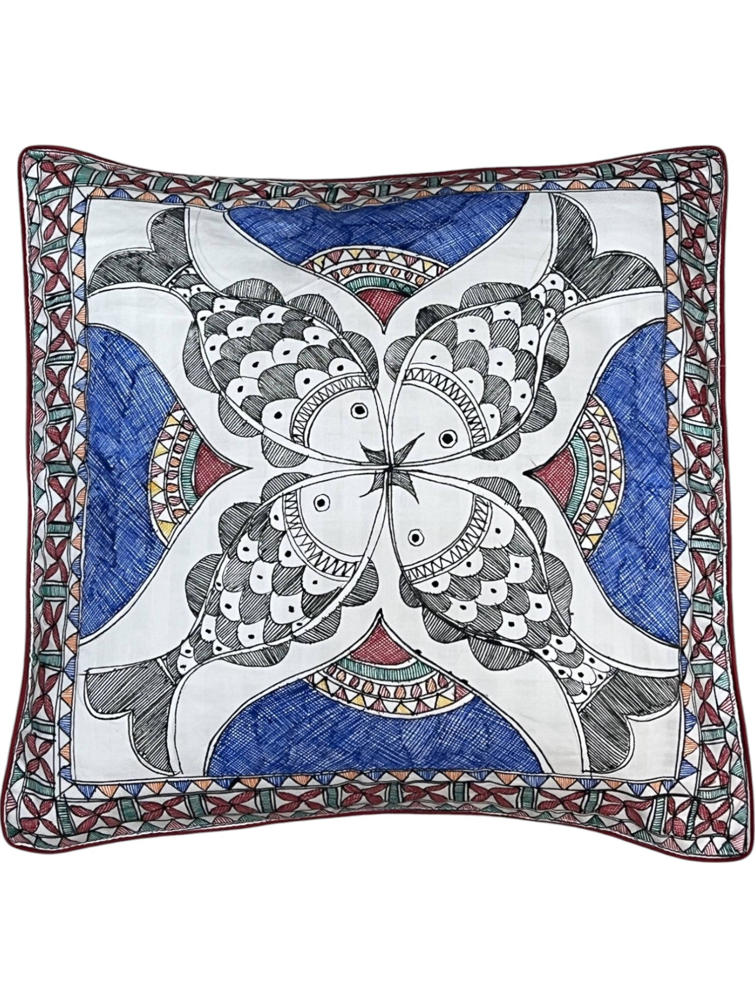 HAND-PAINTED MADHUBANI CUSHION COVER WITH FOUR FISH PATTERN
