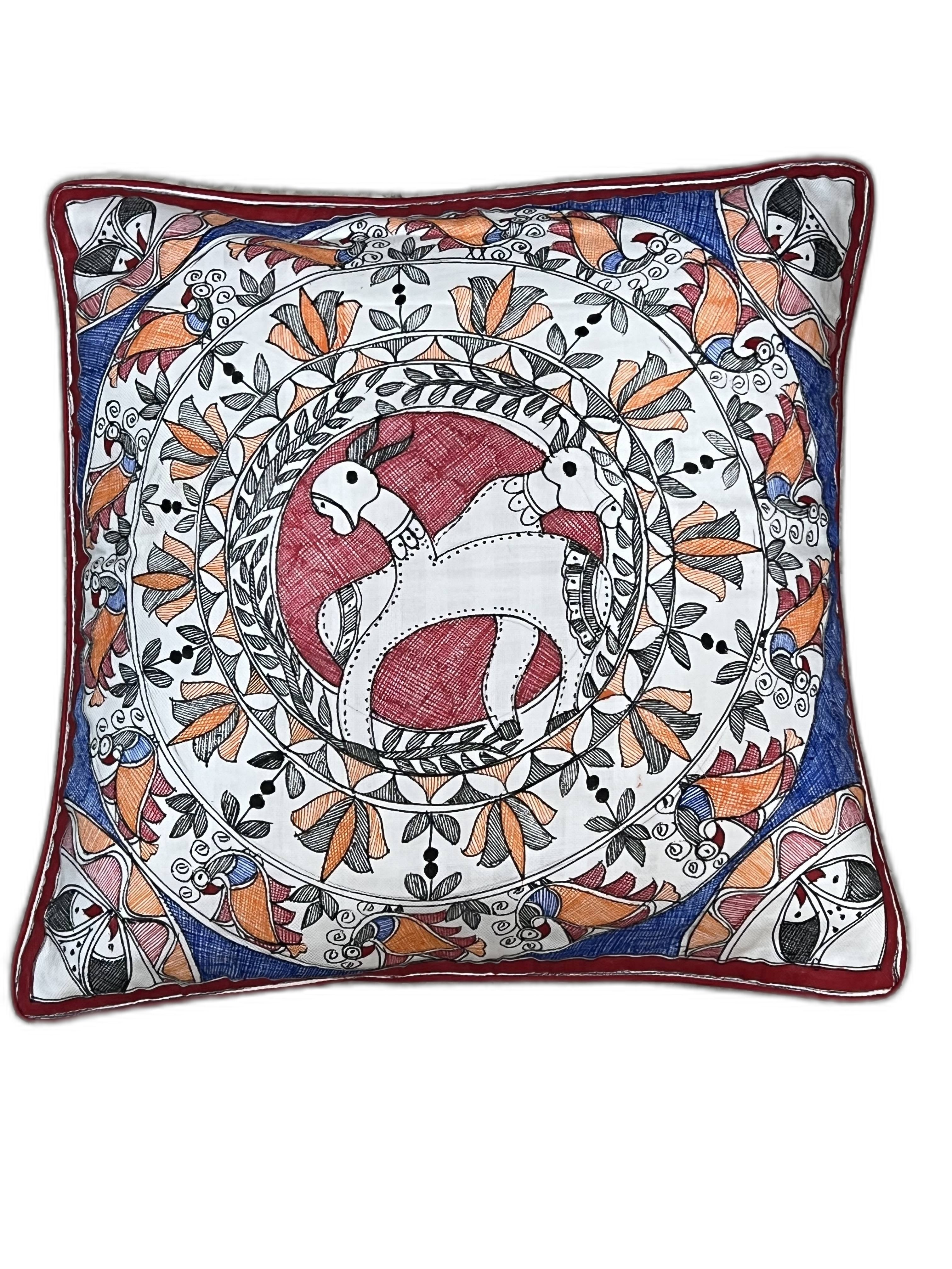 HAND-PAINTED MADHUBANI CUSHION COVER WITH TWO HORSE MOTIF