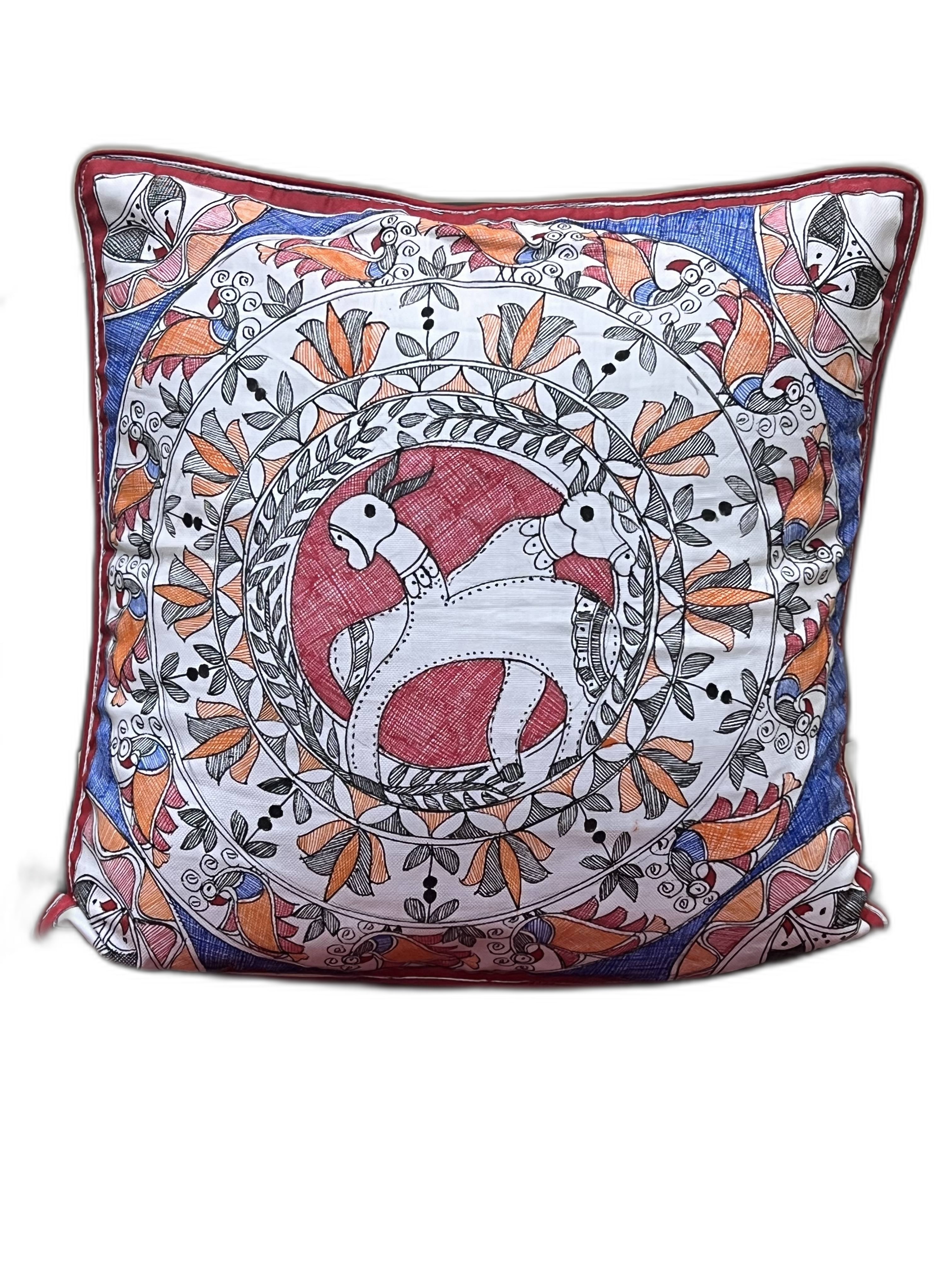 HAND-PAINTED MADHUBANI CUSHION COVER WITH TWO HORSE MOTIF