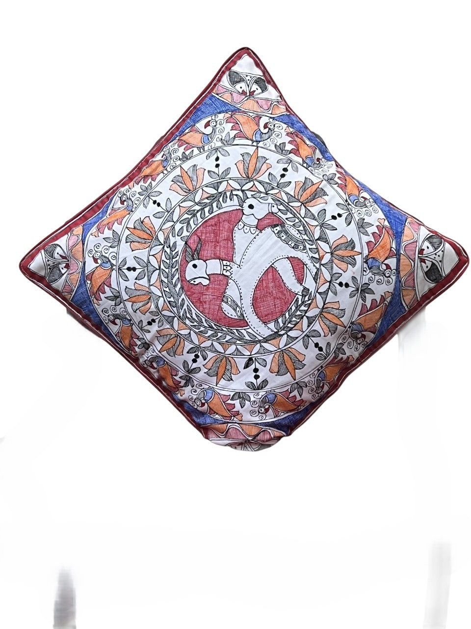HAND-PAINTED MADHUBANI CUSHION COVER WITH TWO HORSE MOTIF