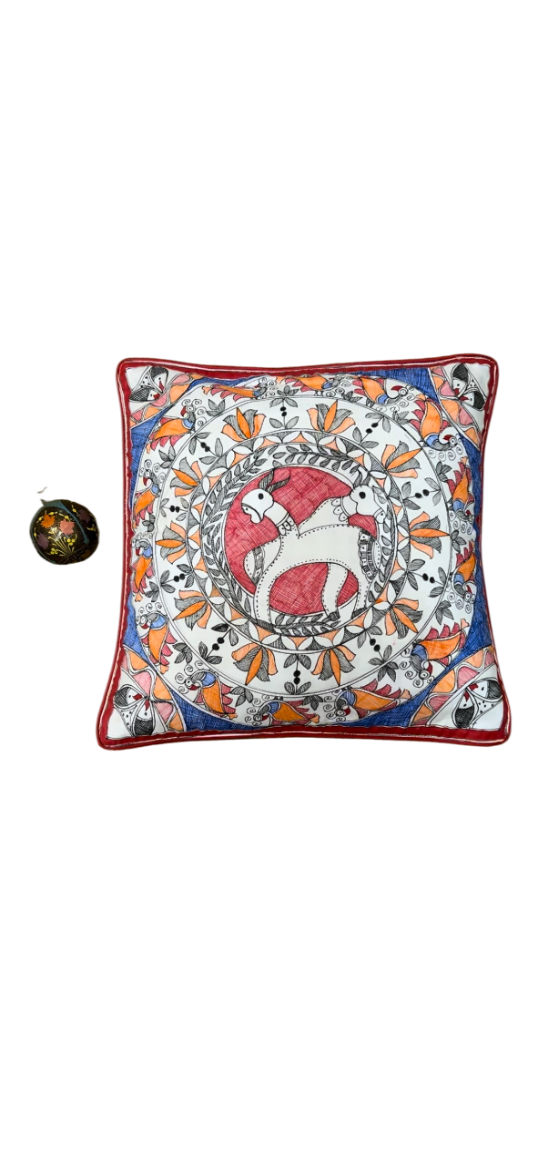 HAND-PAINTED MADHUBANI CUSHION COVER WITH TWO HORSE MOTIF
