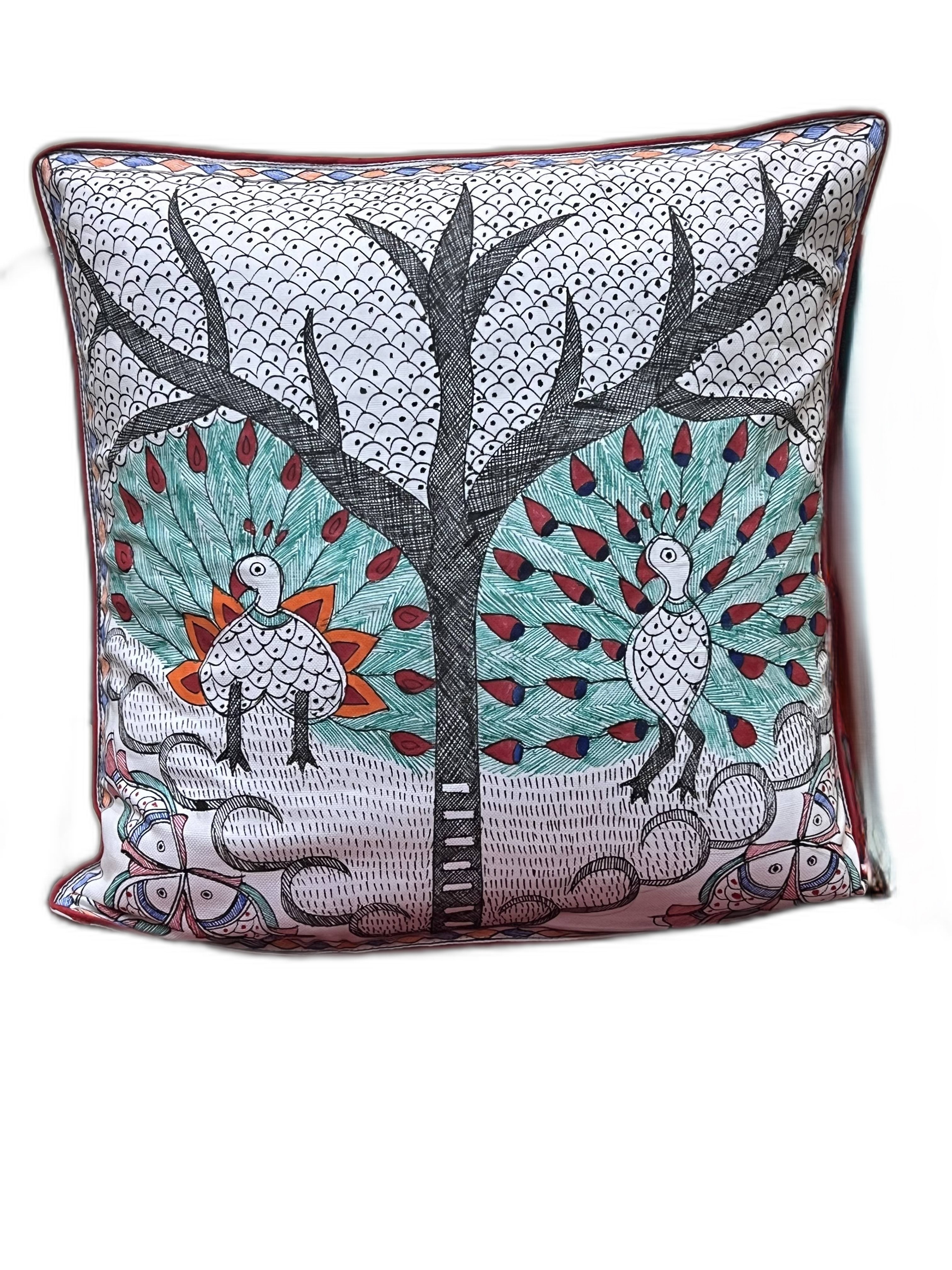 HAND-PAINTED MADHUBANI MAYUR CUSHION COVER