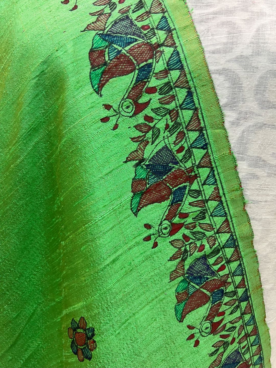 Madhubani Handpainted Dupatta – Green with Peacock and Elephant Border
