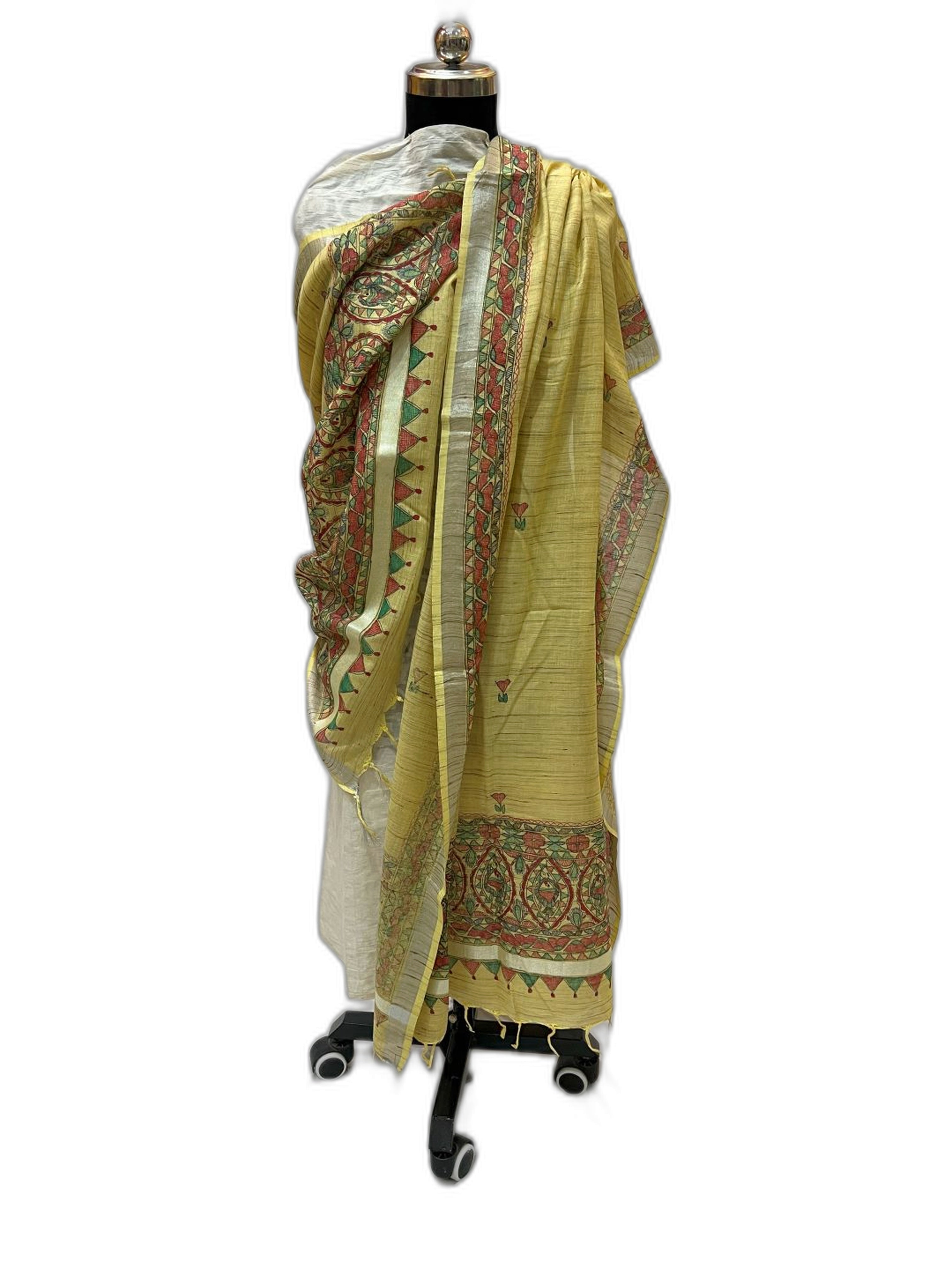 Hand-Painted Cotton Dupatta with Silver Zari Border
