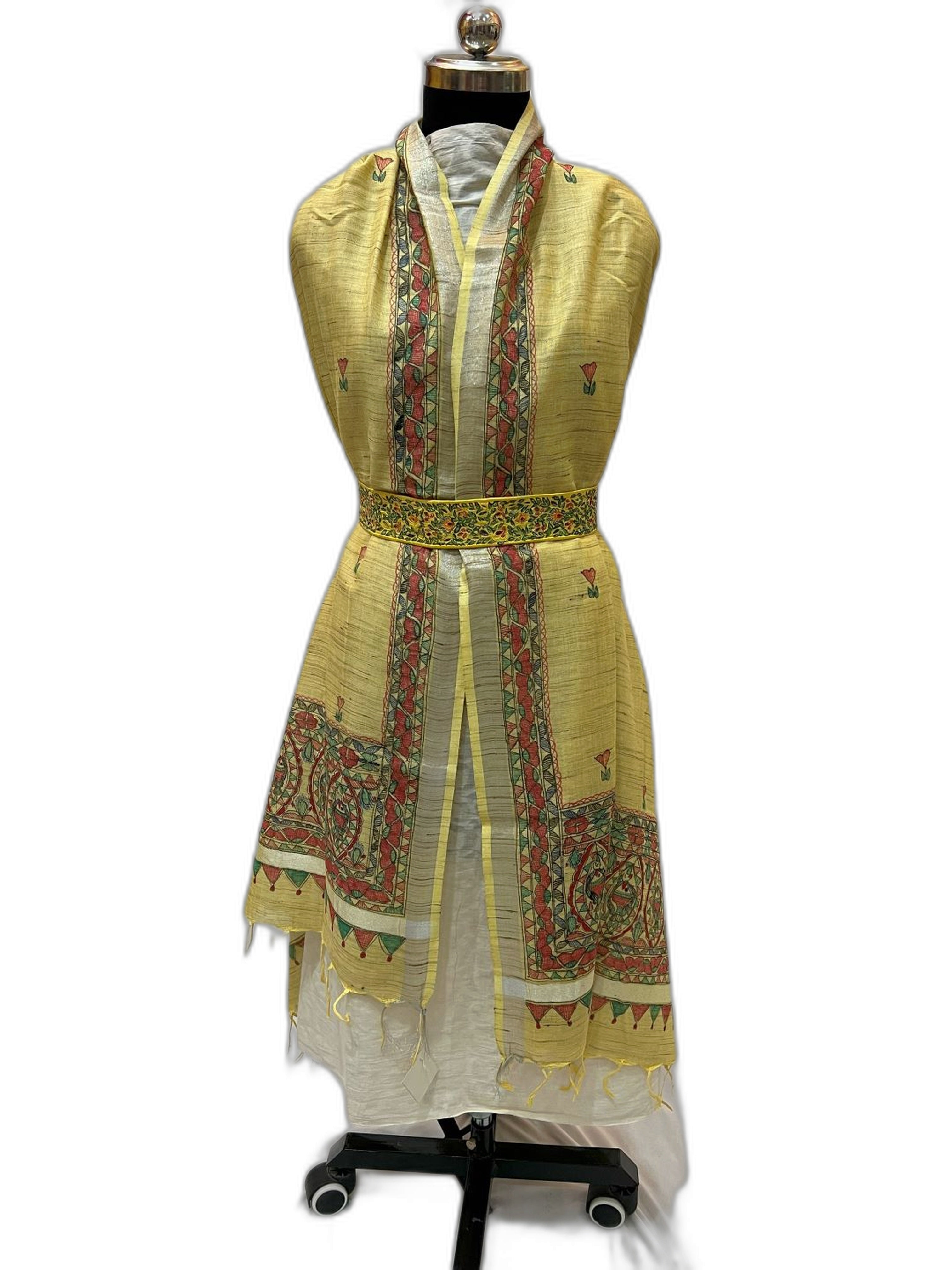 Hand-Painted Cotton Dupatta with Silver Zari Border