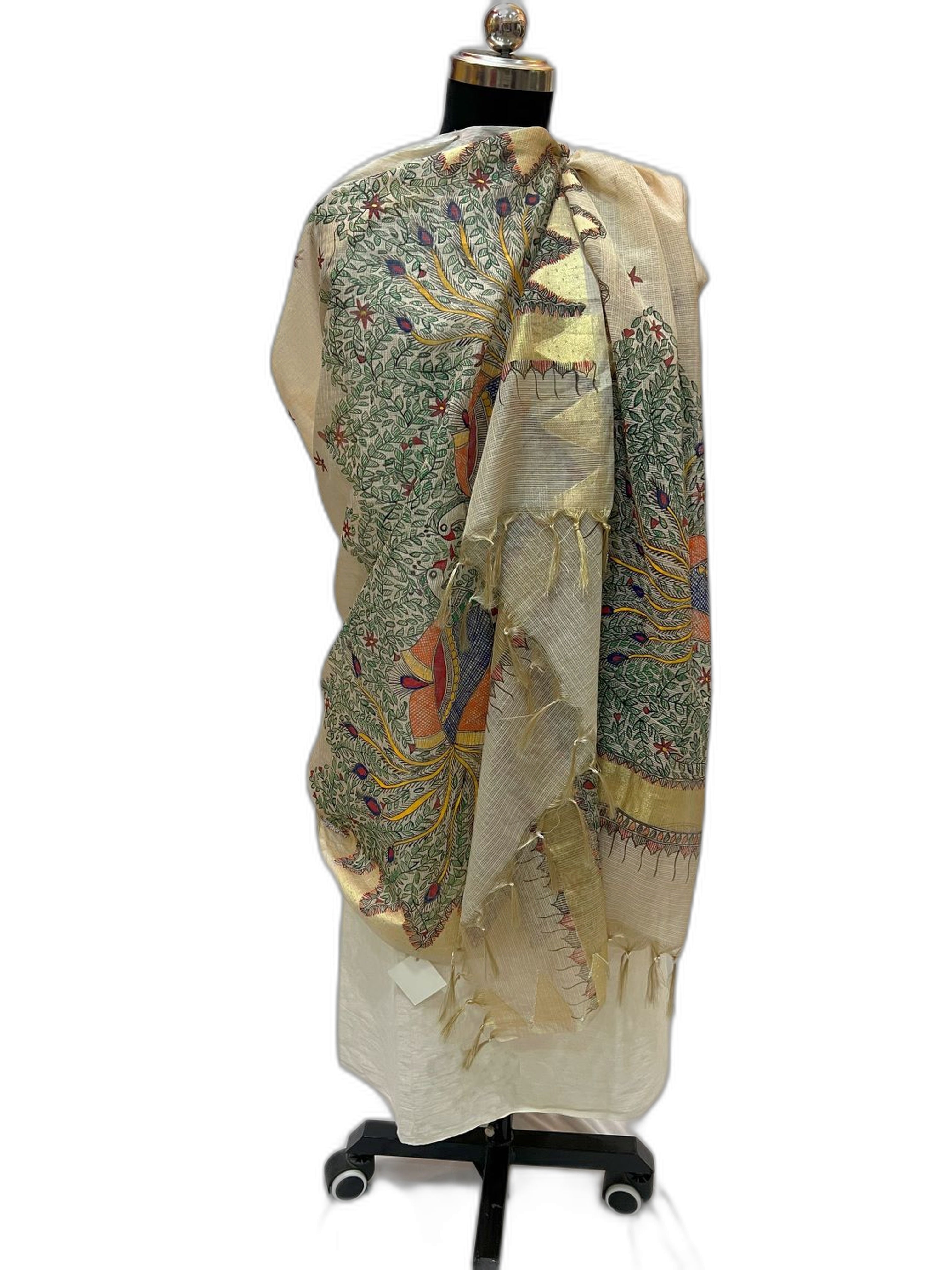 Hand-Painted Tissue Kota Silk Dupatta-  Majestic Mayur Motifs