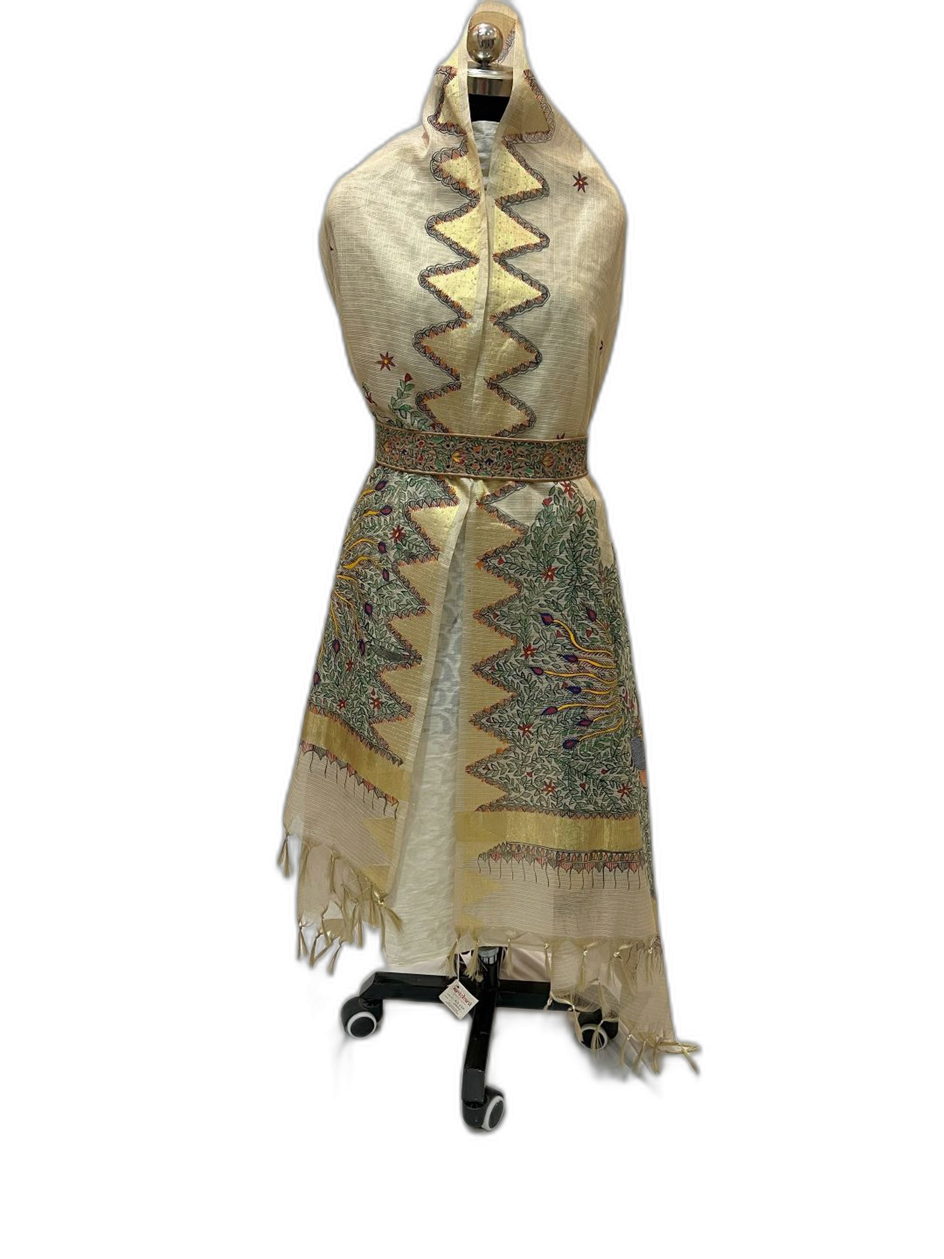 Hand-Painted Tissue Kota Silk Dupatta-  Majestic Mayur Motifs