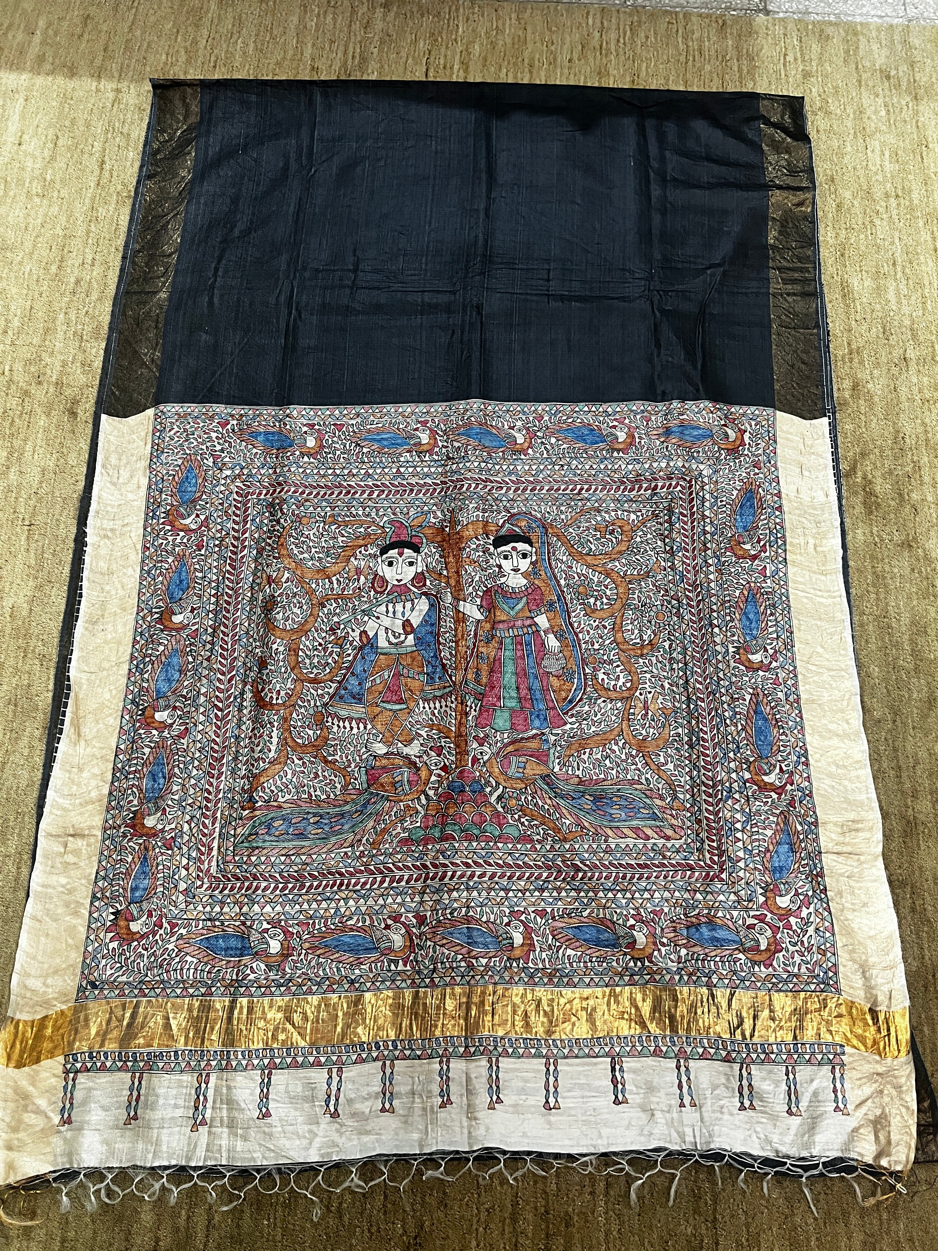 Hand-painted Madhubani Radha Krishna Smoky Grey Saree with Gold Zari Border