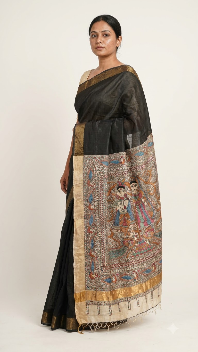 Hand-painted Madhubani Radha Krishna Smoky Grey Saree with Gold Zari Border