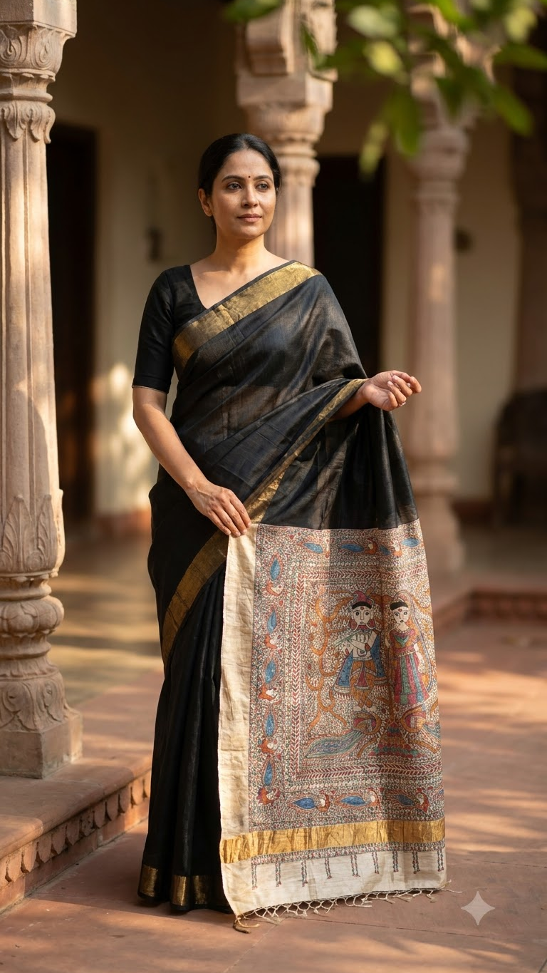 Hand-painted Madhubani Radha Krishna Smoky Grey Saree with Gold Zari Border