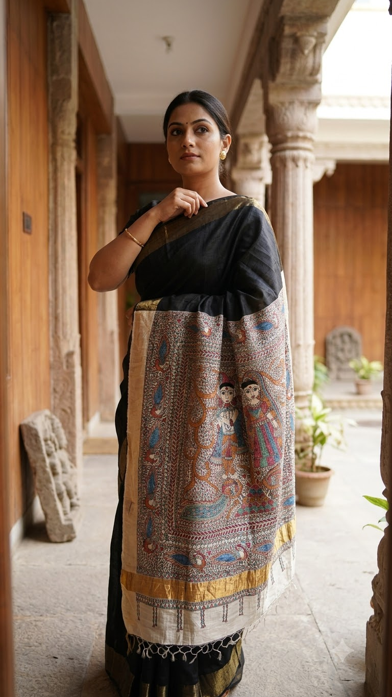 Hand-painted Madhubani Radha Krishna Smoky Grey Saree with Gold Zari Border