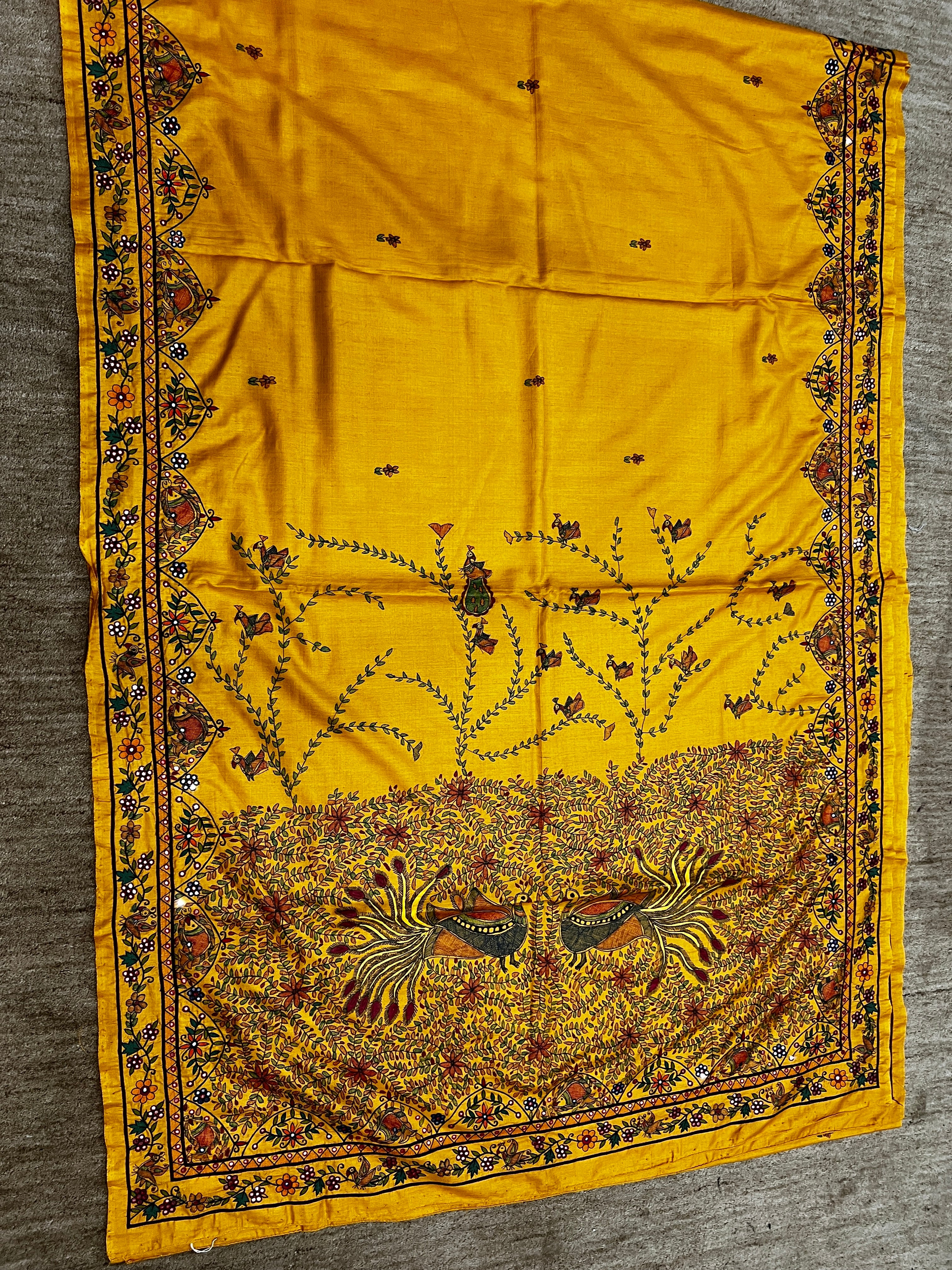 Handpainted Madhubani Saree with Hand Embroidery (AARI WORK) – Dancing Peacocks Design in Honey Gold