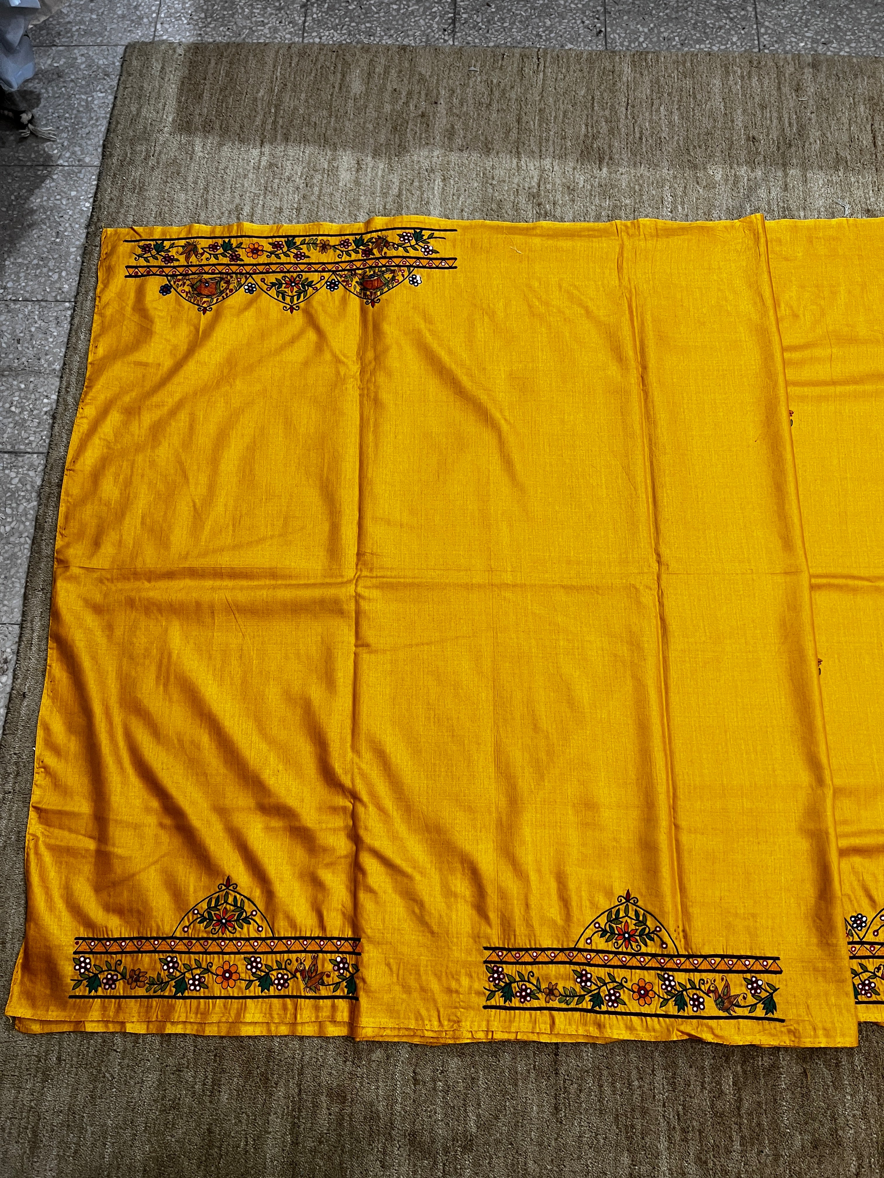 Handpainted Madhubani Saree with Hand Embroidery (AARI WORK) – Dancing Peacocks Design in Honey Gold