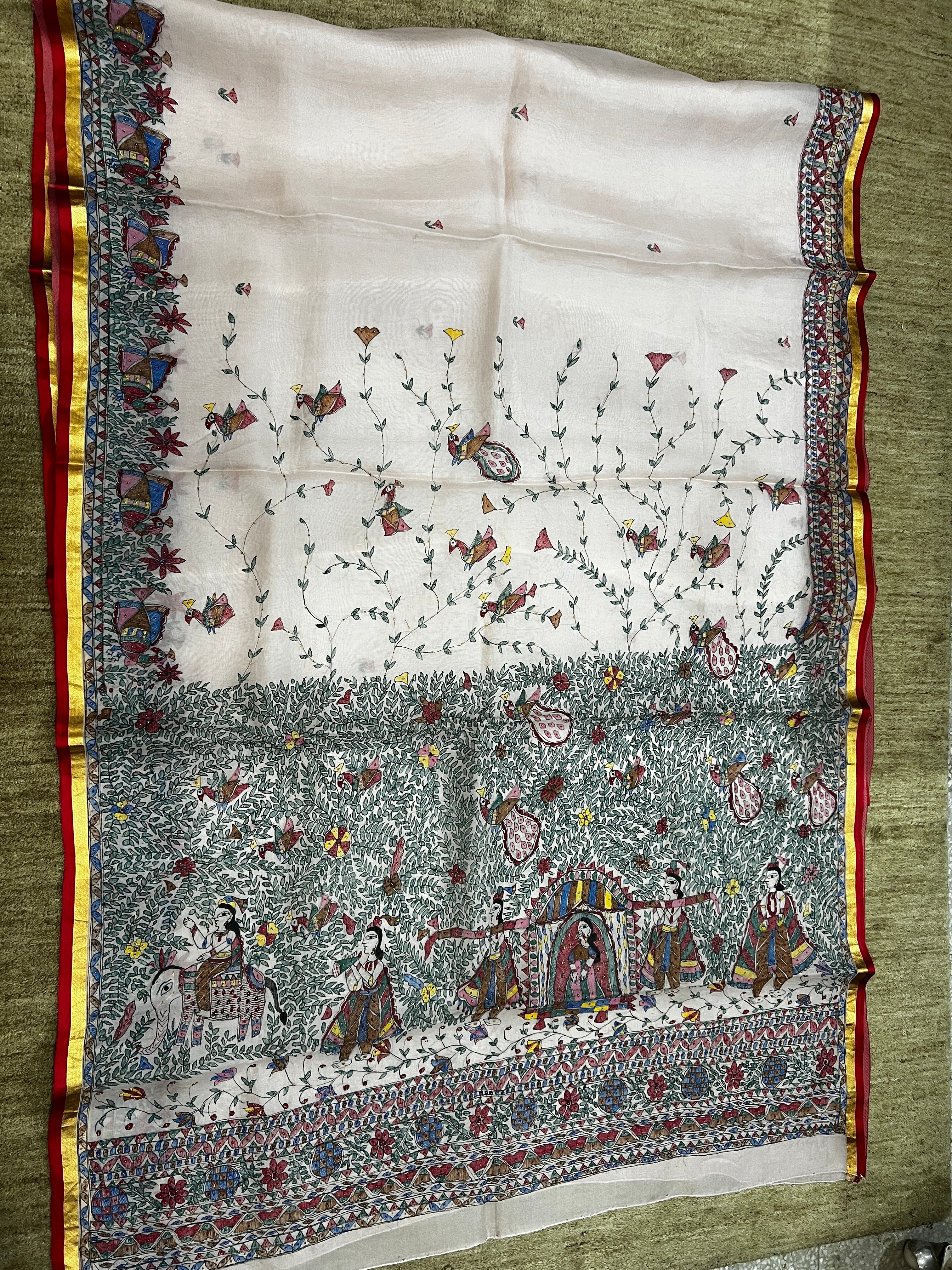 Hand-Painted Doli Ka Haar Madhubani Linen Cotton Saree with Bird Butis & Silver Zari Border in Pastel Pink