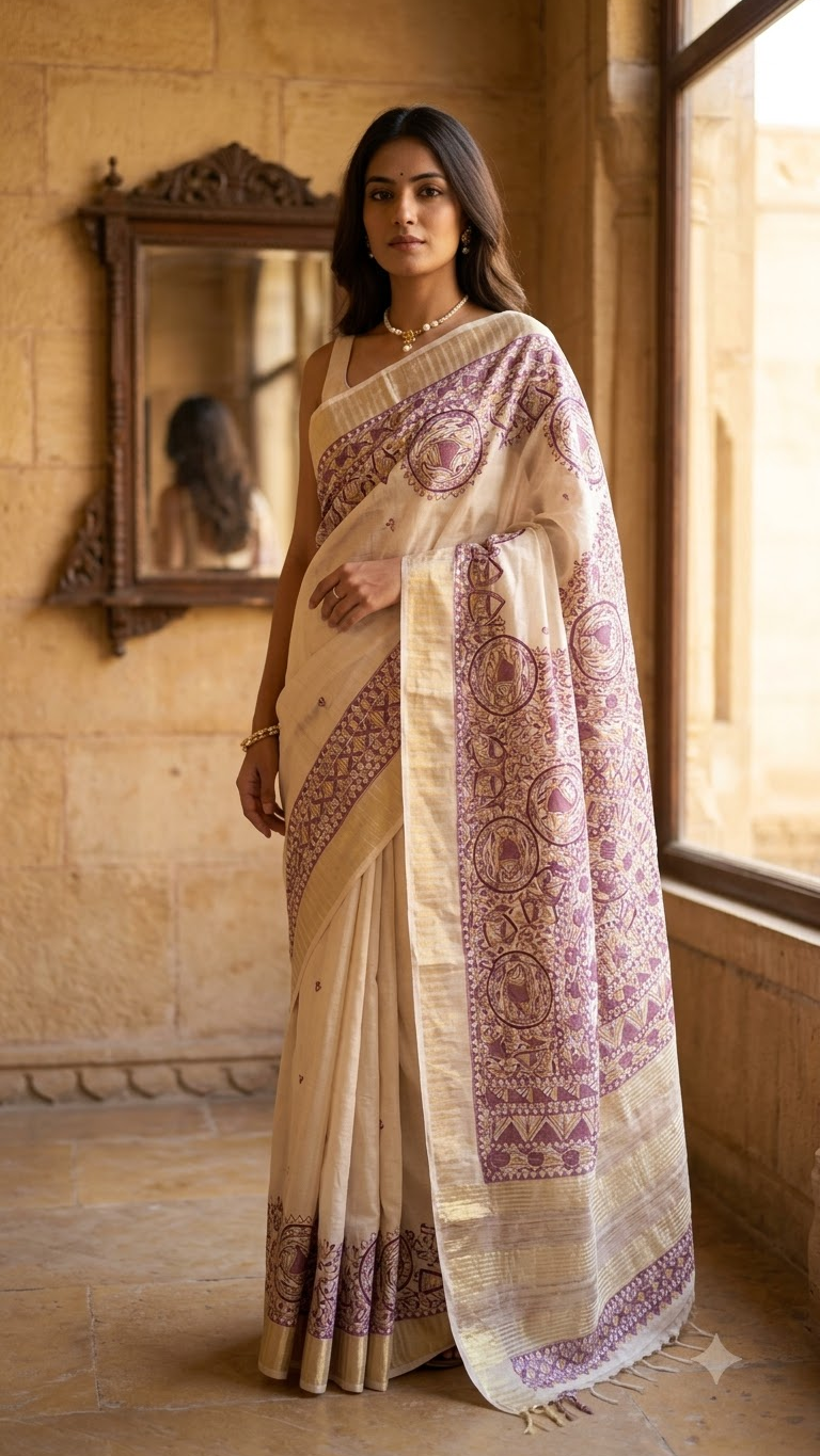 Handpainted Madhubani Tussar Munga Silk Saree with Zari Border