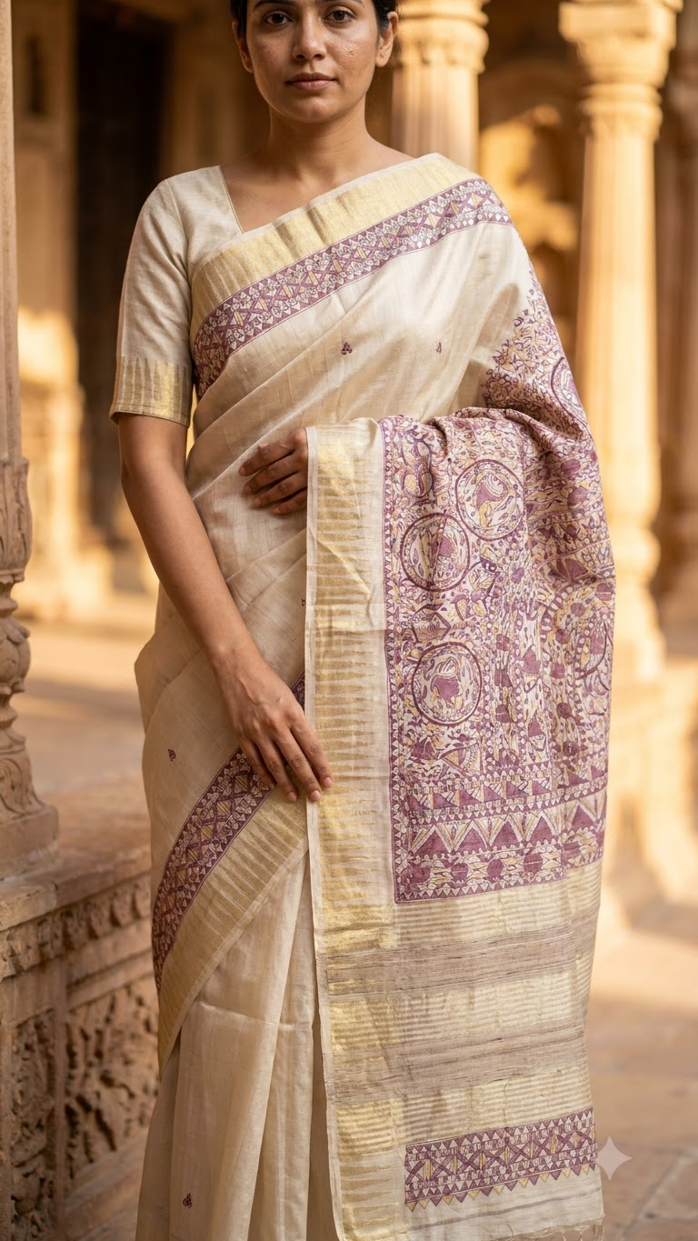Handpainted Madhubani Tussar Munga Silk Saree with Zari Border