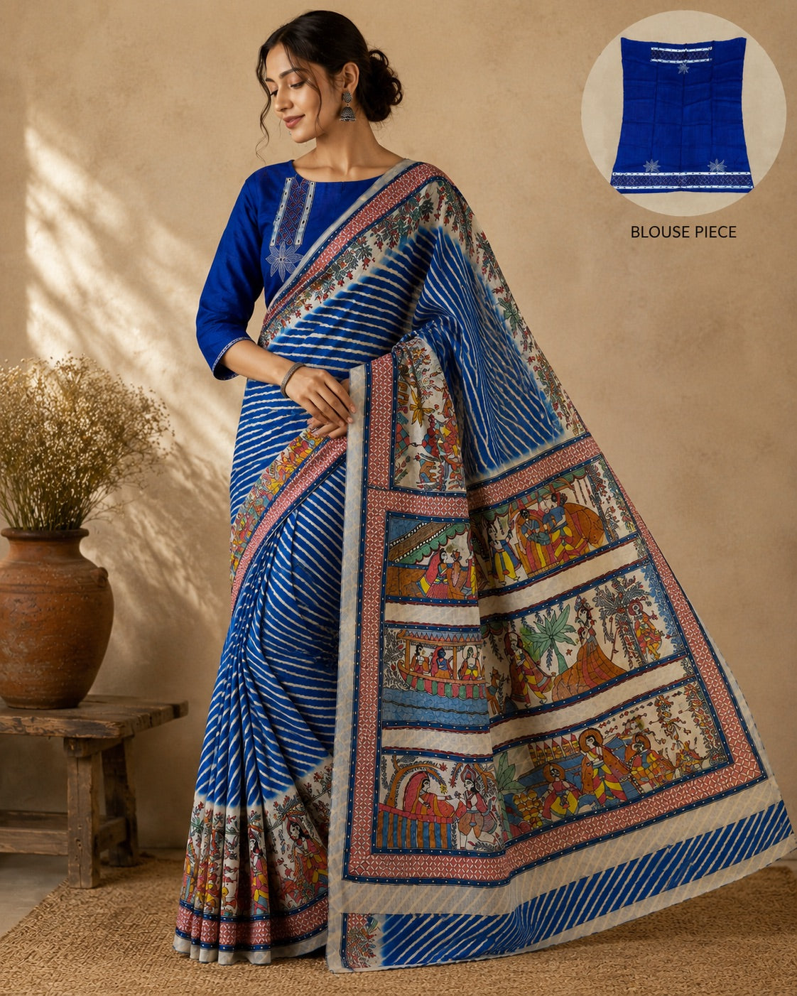 Hand-painted Royal Blue Desi Tussar Silk Saree with Leheriya Design - Ram Katha