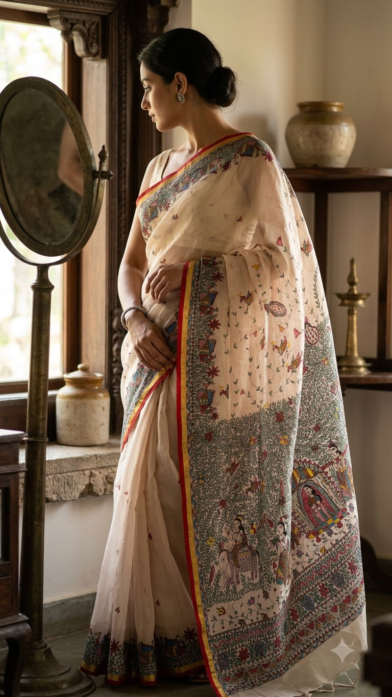 Hand-Painted Doli Ka Haar Madhubani Linen Cotton Saree with Bird Butis & Silver Zari Border in Pastel Pink