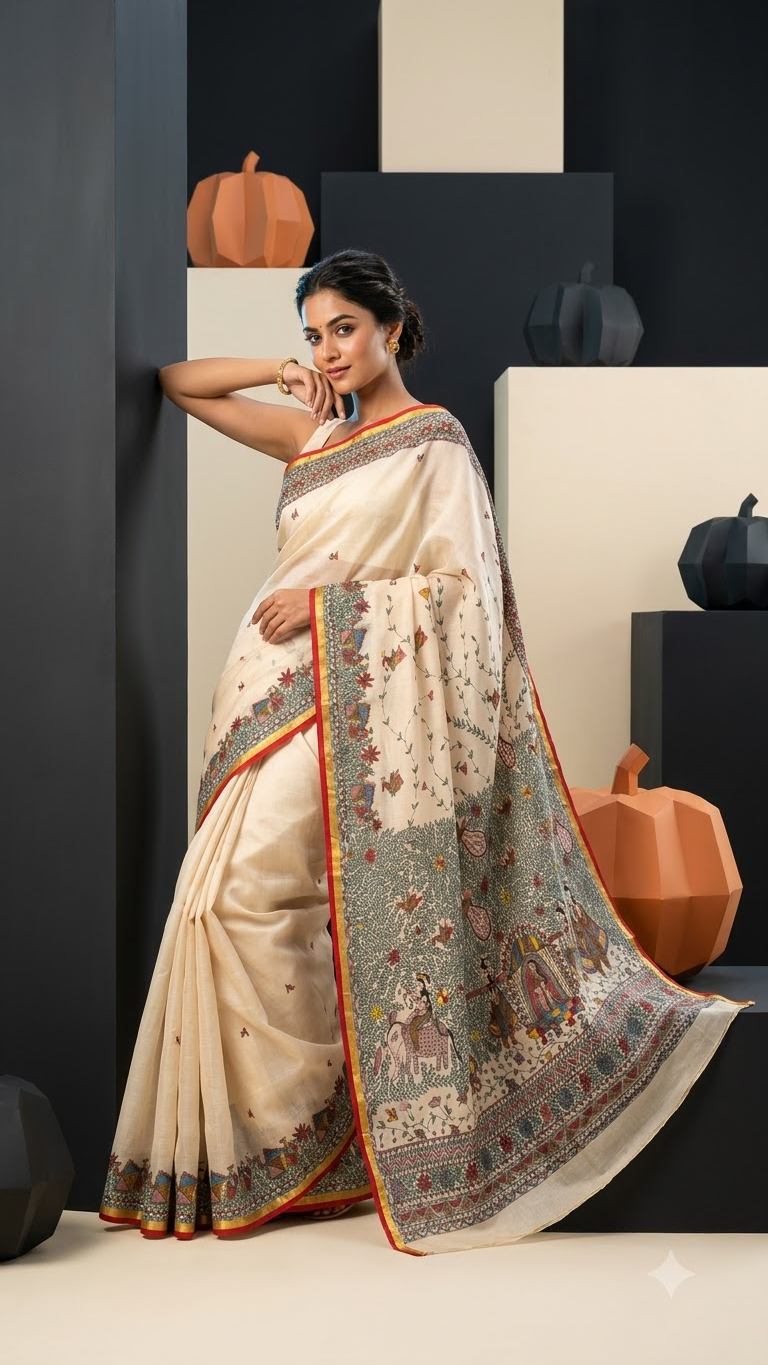 Hand-Painted Doli Ka Haar Madhubani Linen Cotton Saree with Bird Butis & Silver Zari Border in Pastel Pink